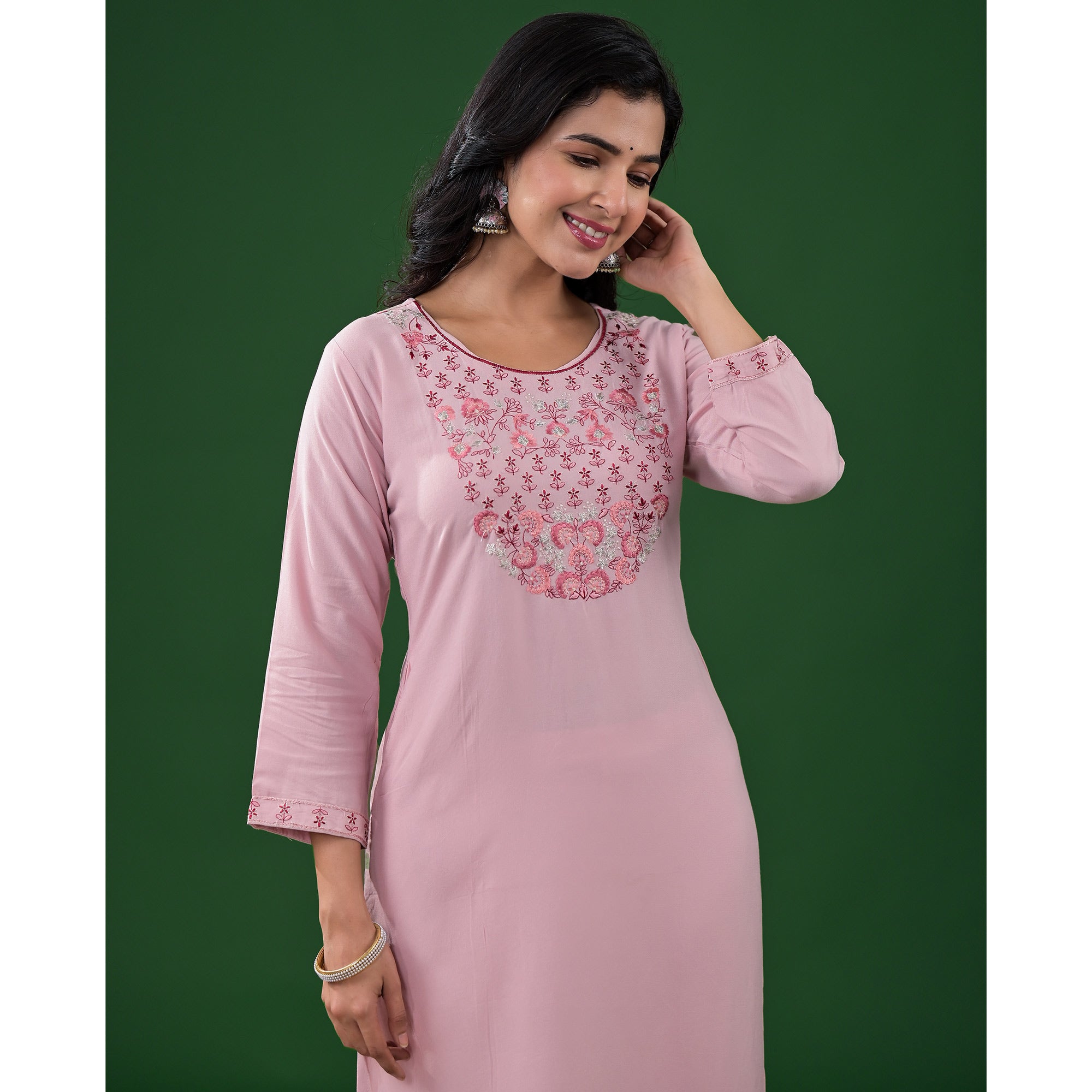 Peach Yoke Embroidered Rayon Straight Kurti