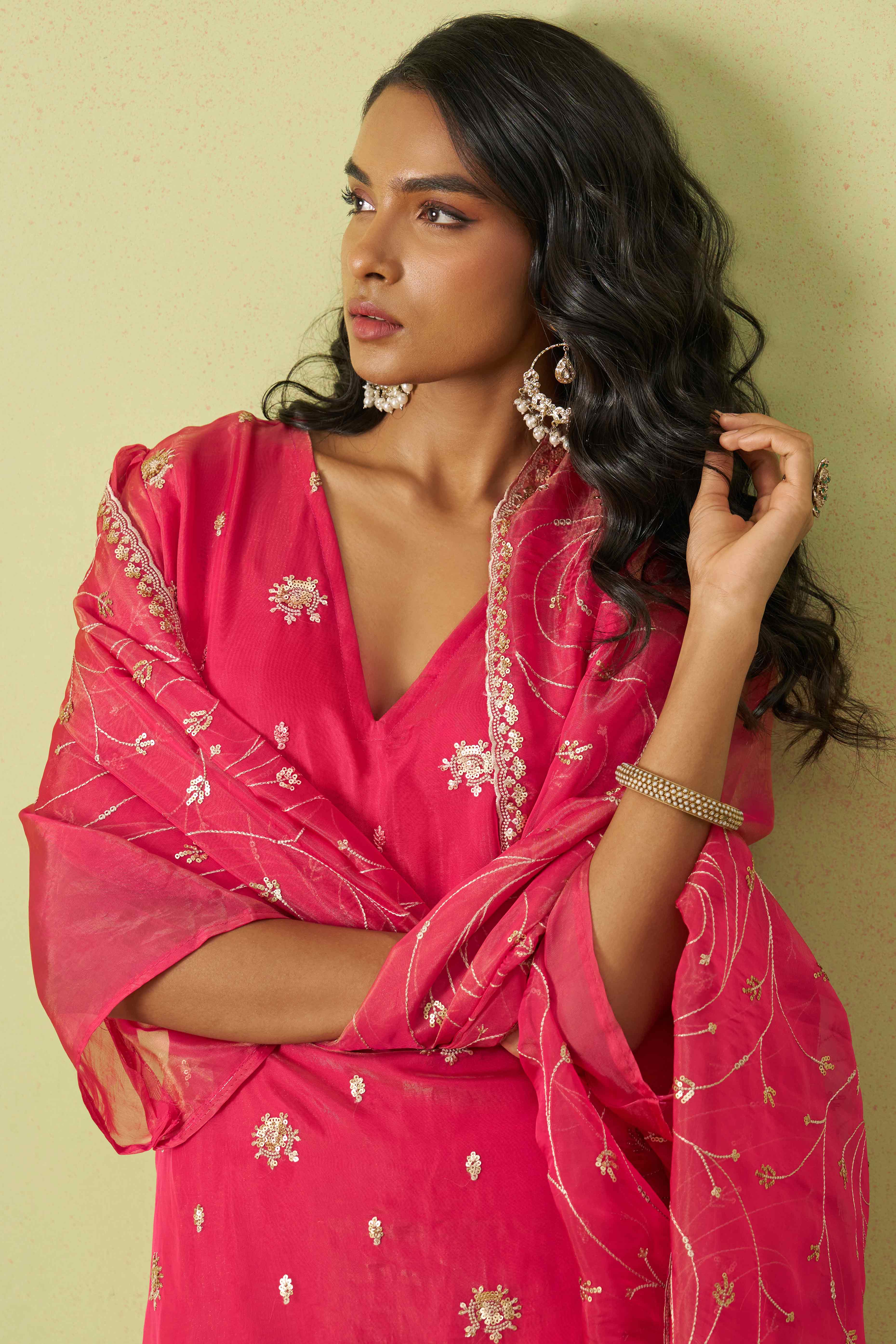 Pink Sequins Embroidery With Stonework Organza Shimmer Semi Stitched Suit