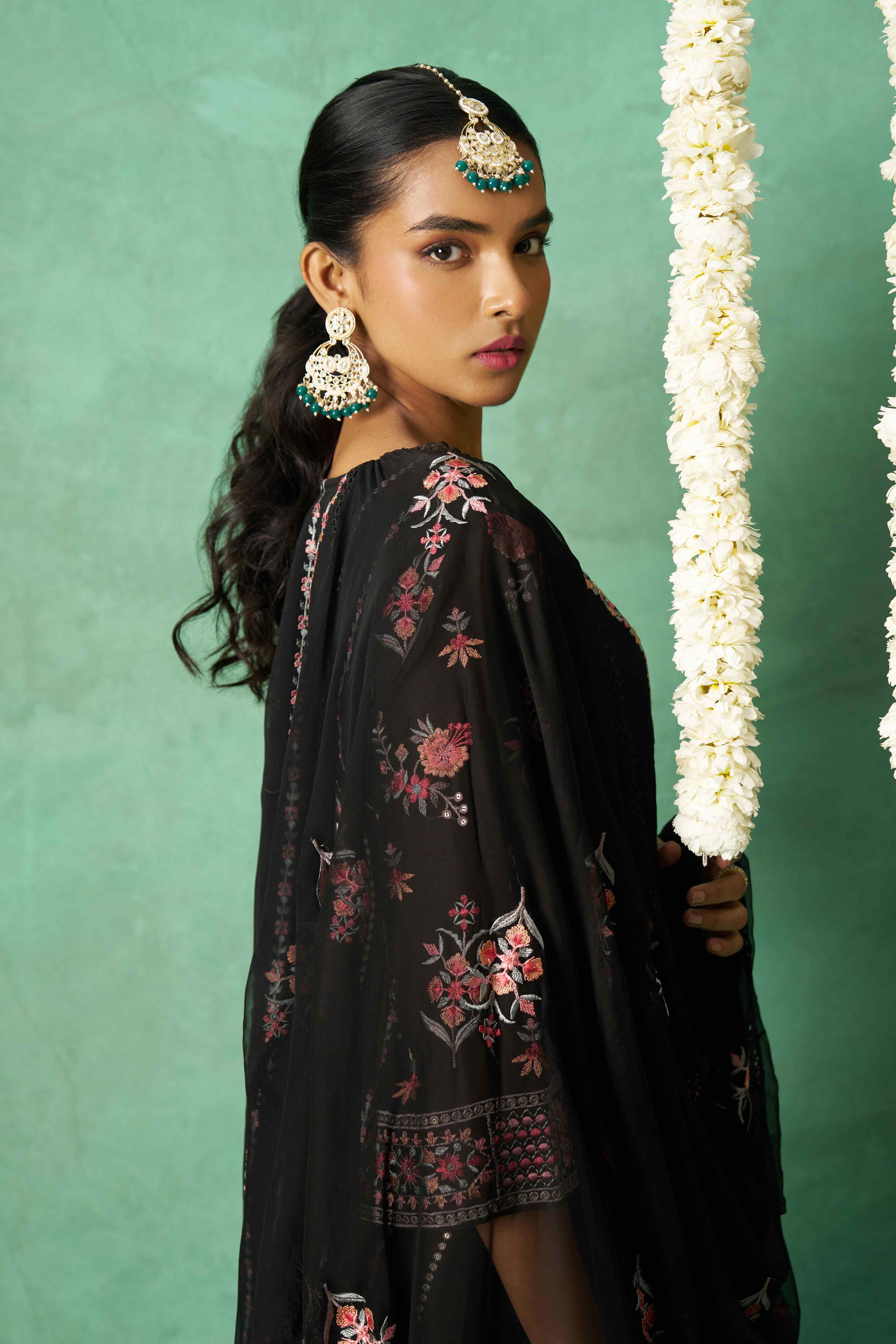 Black Floral Sequins Embroidered Organza Semi Stitched Suit