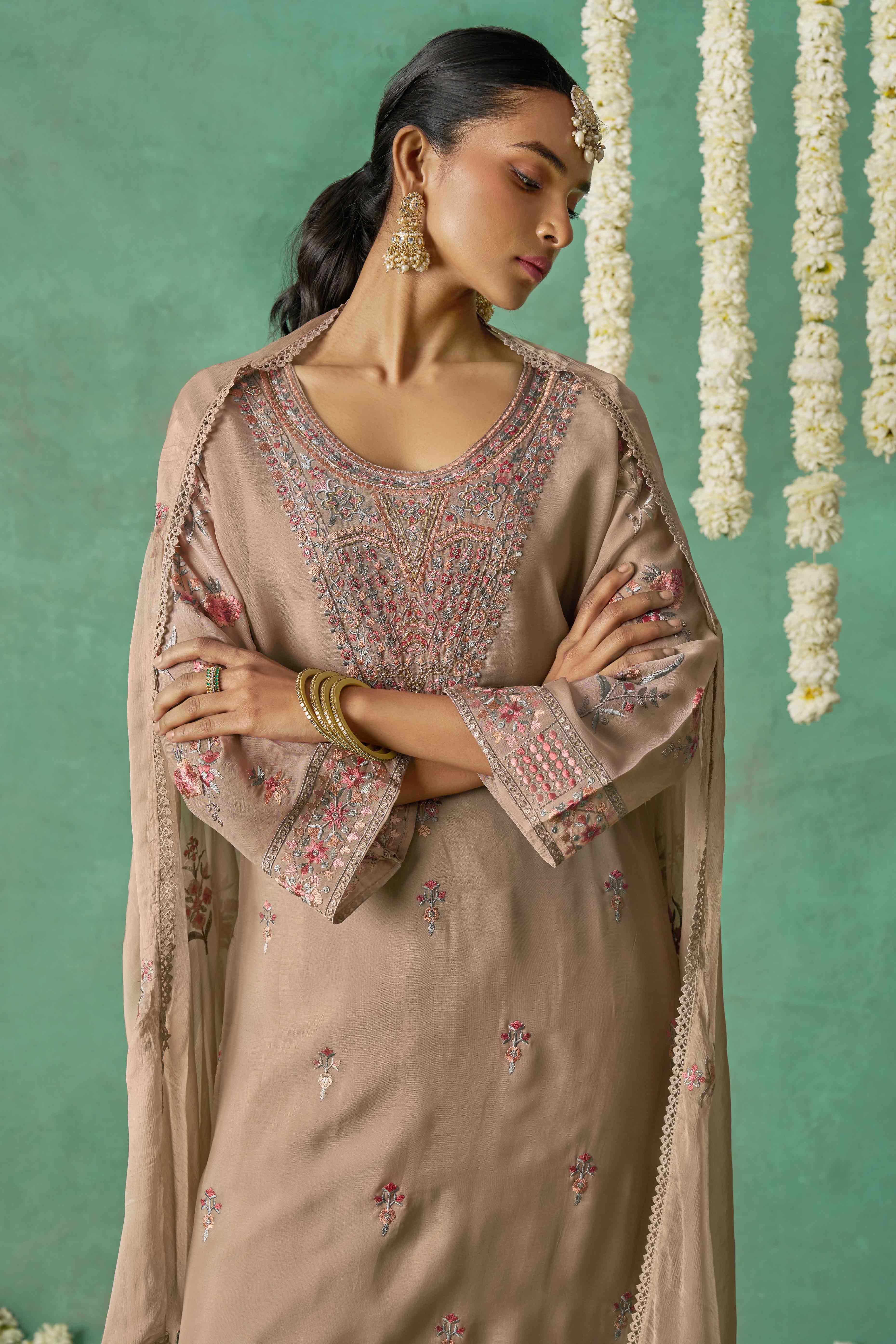 Chikoo Floral Sequins Embroidered Organza Semi Stitched Suit
