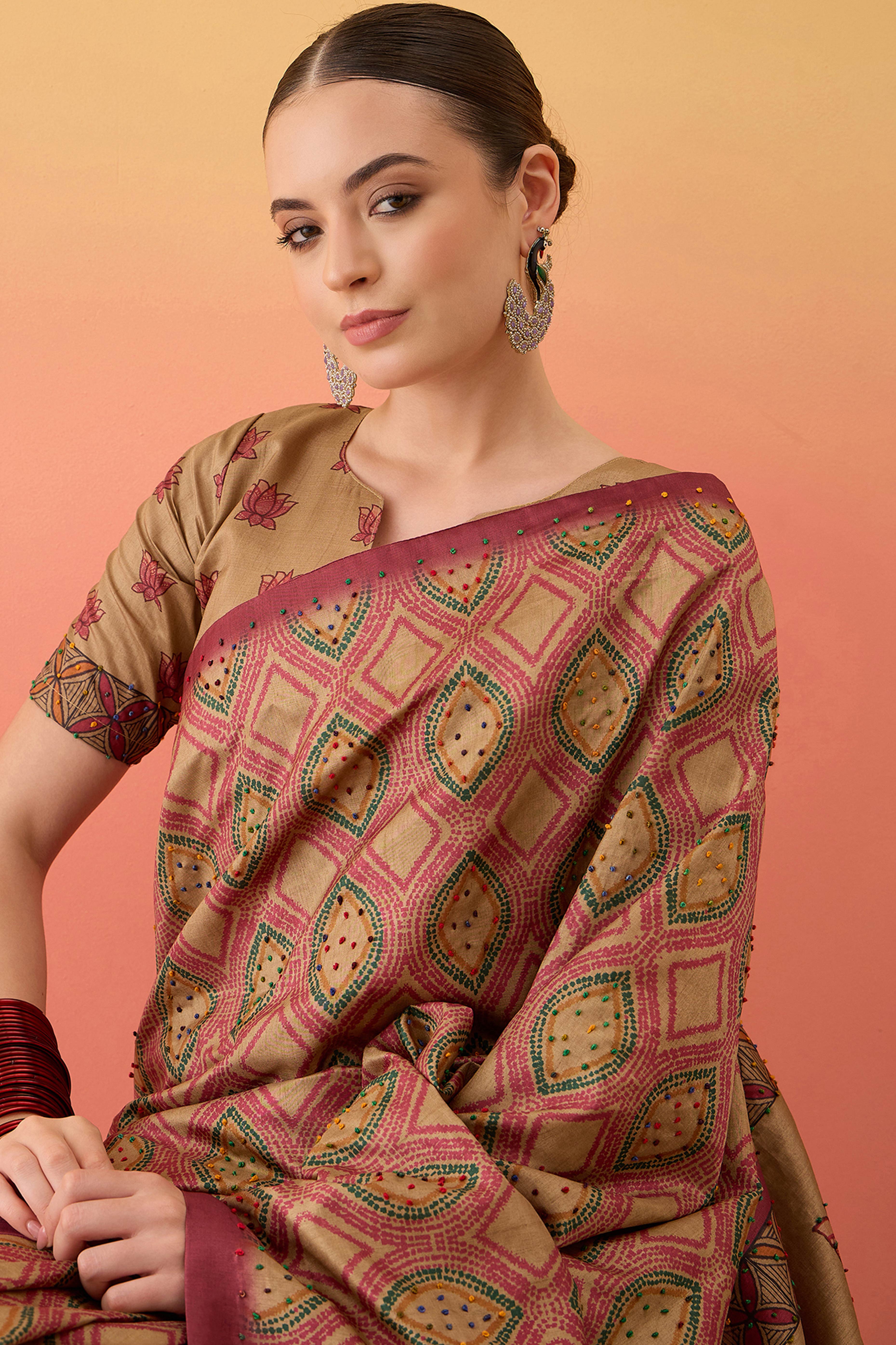 Beige Kalamkari Style Printed Cotton Silk Saree Knot Work Tassels Ethnic Wear