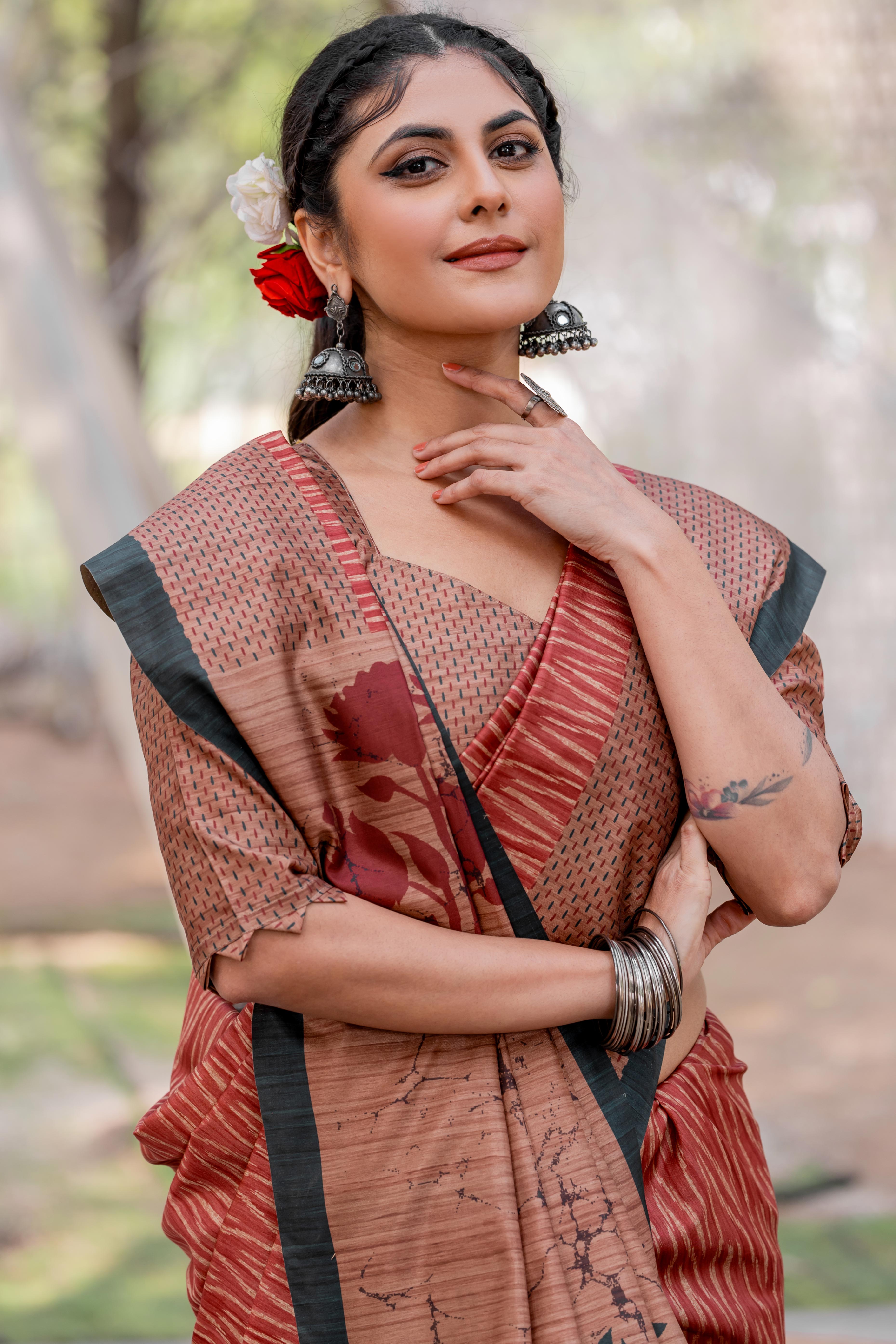 Maroon Kozi Cotton Silk Saree Showcasing Digital Prints and Soft Tassel Edging