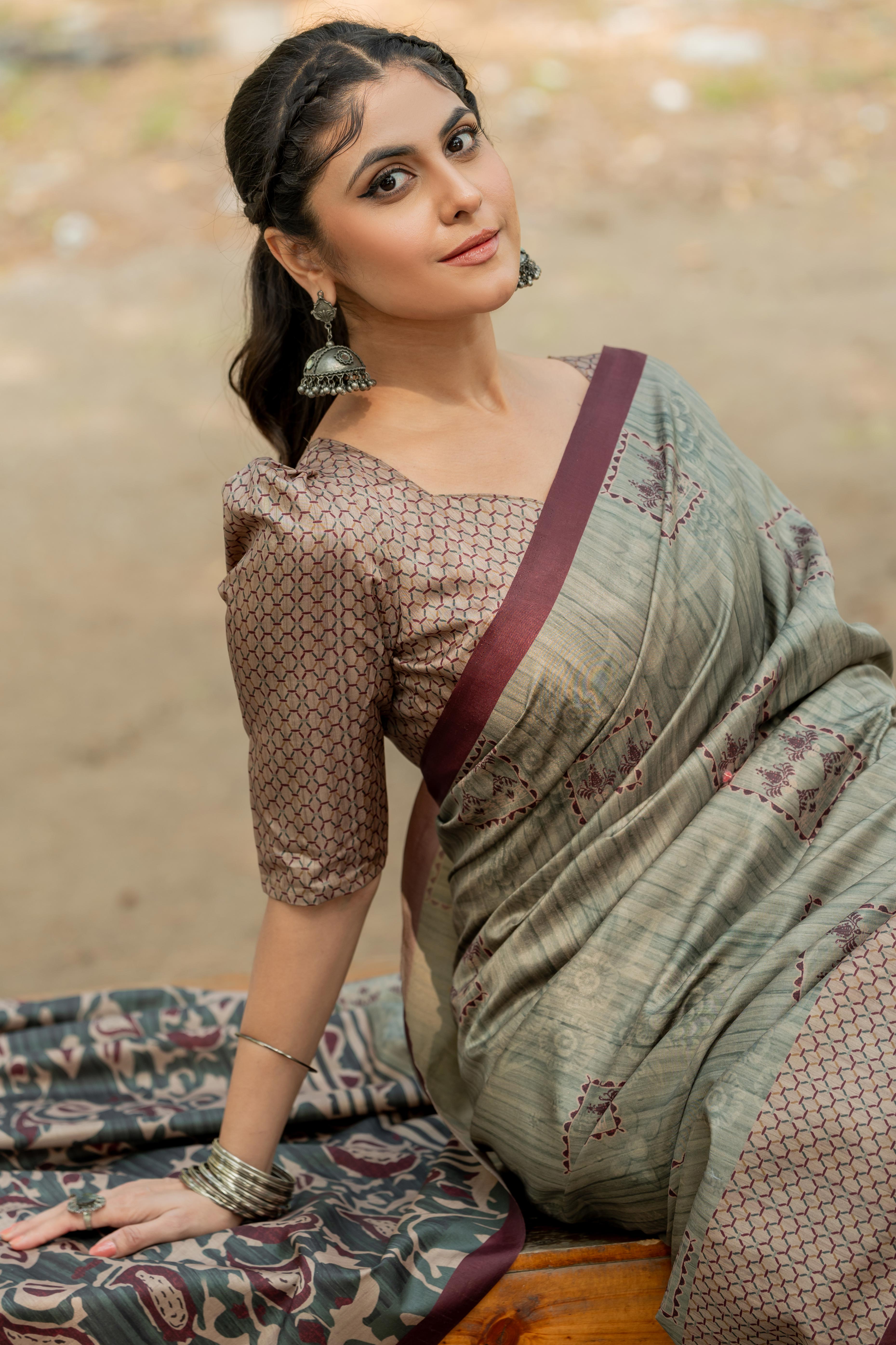Sage Green Kozi Cotton Silk Saree Showcasing Digital Prints and Soft Tassel Edging