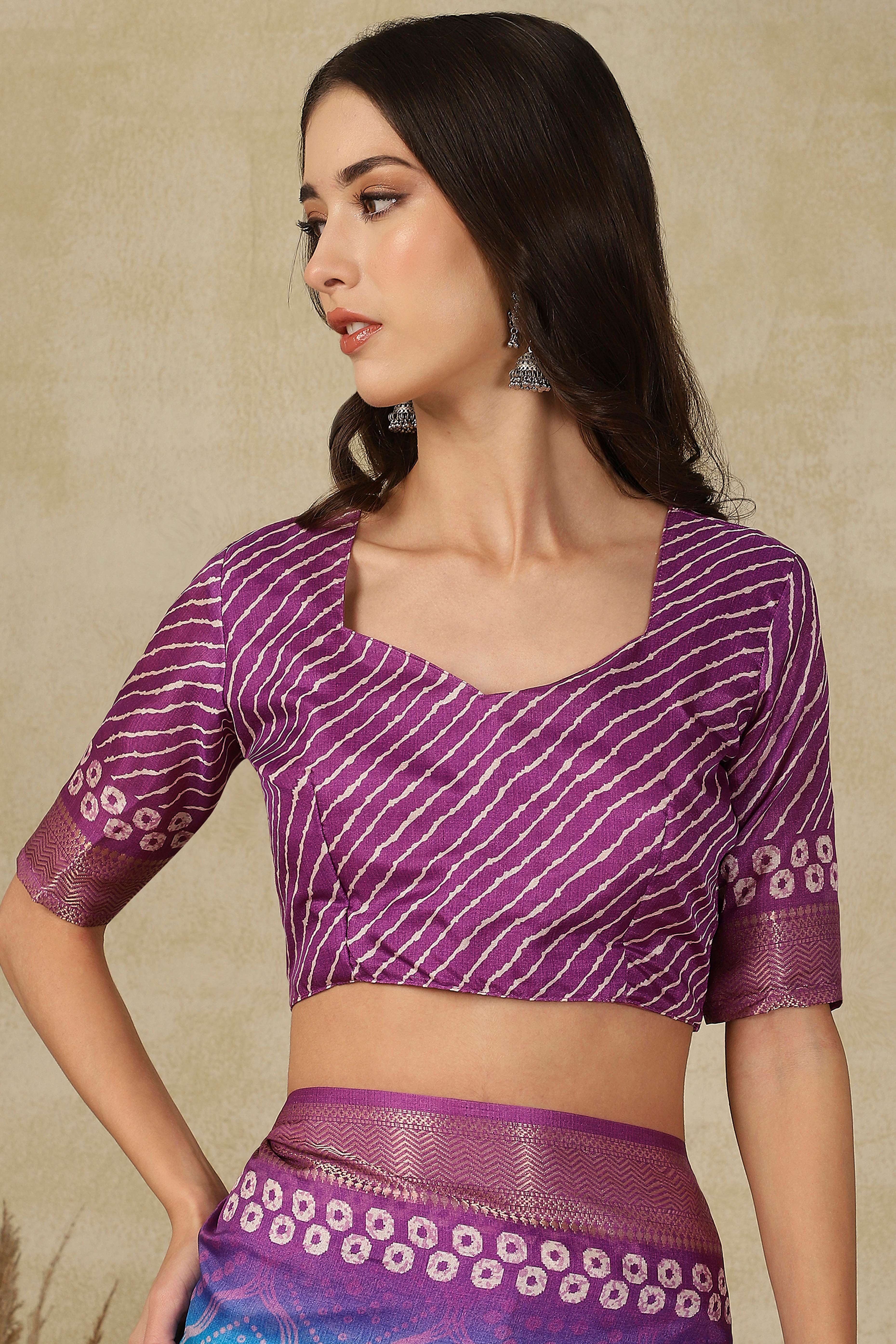 Luxury Blue & Purple Bandhani Print Cotton Silk Saree Featuring Weaving Border & Tassel Pallu