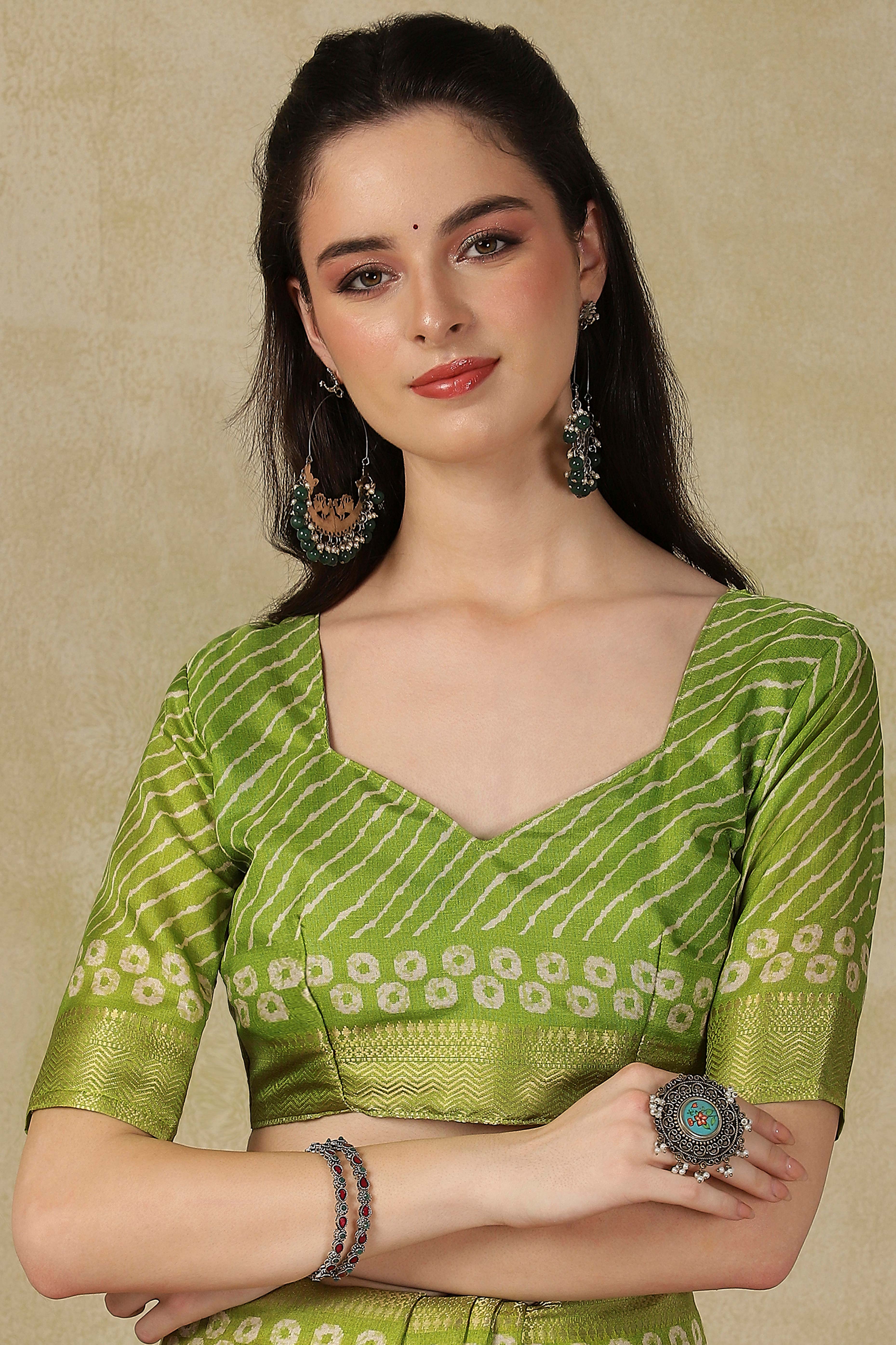 Luxury Pink & Green Bandhani Print Cotton Silk Saree Featuring Weaving Border & Tassel Pallu