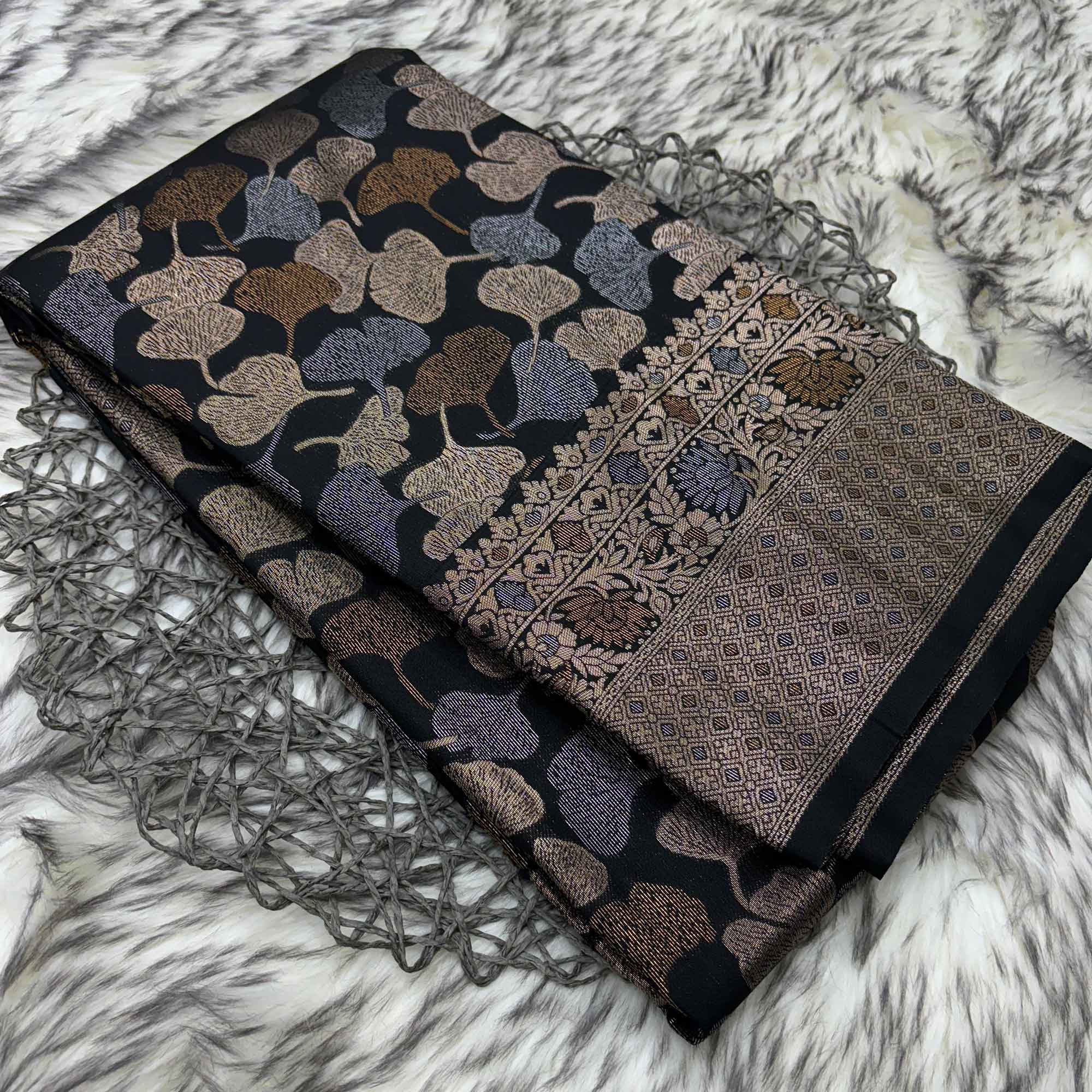 Black Floral Woven Banarasi Silk Saree