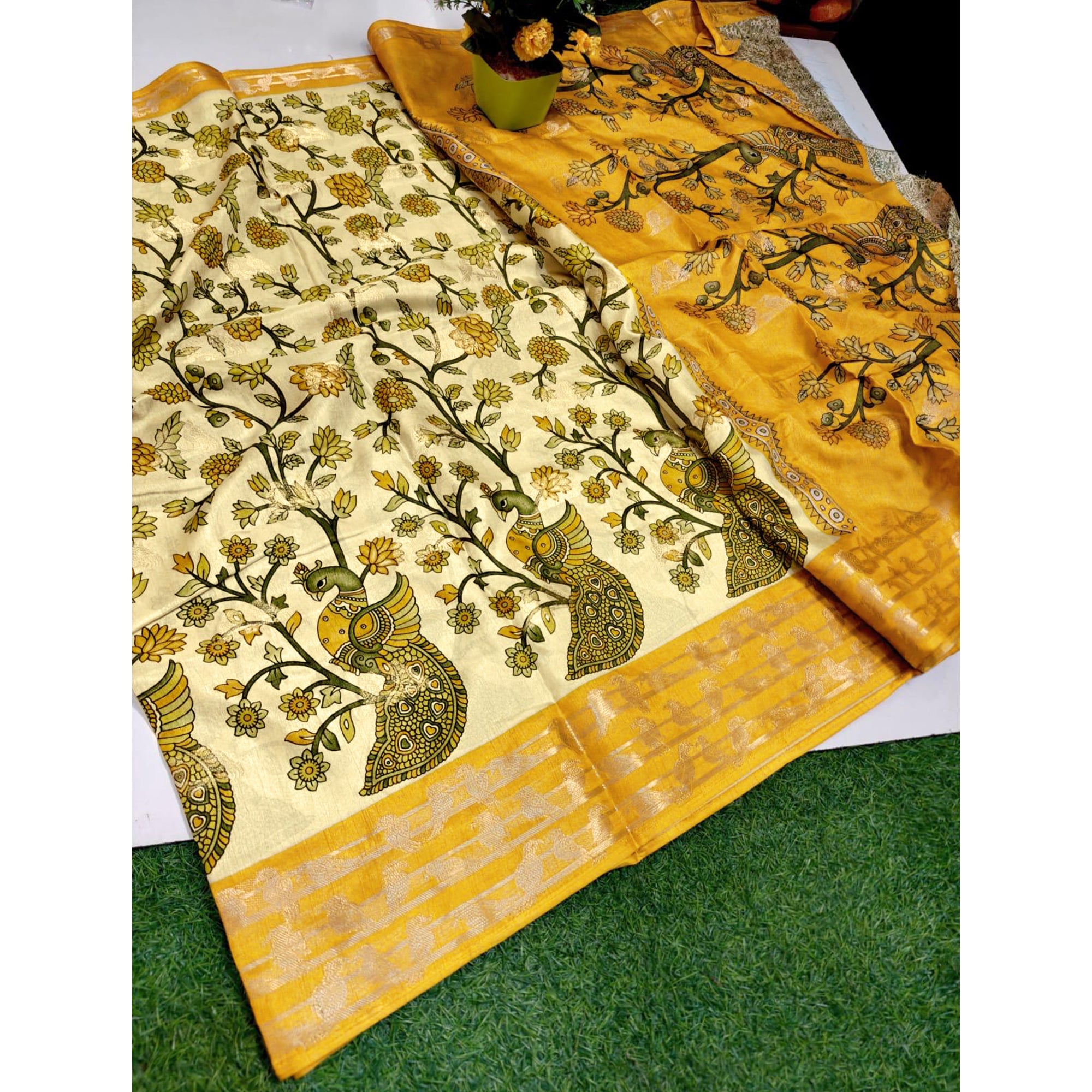 Elegant Cream & Yellow Cotton Blend Saree Adorned With Vibrant Peacock Floral Print
