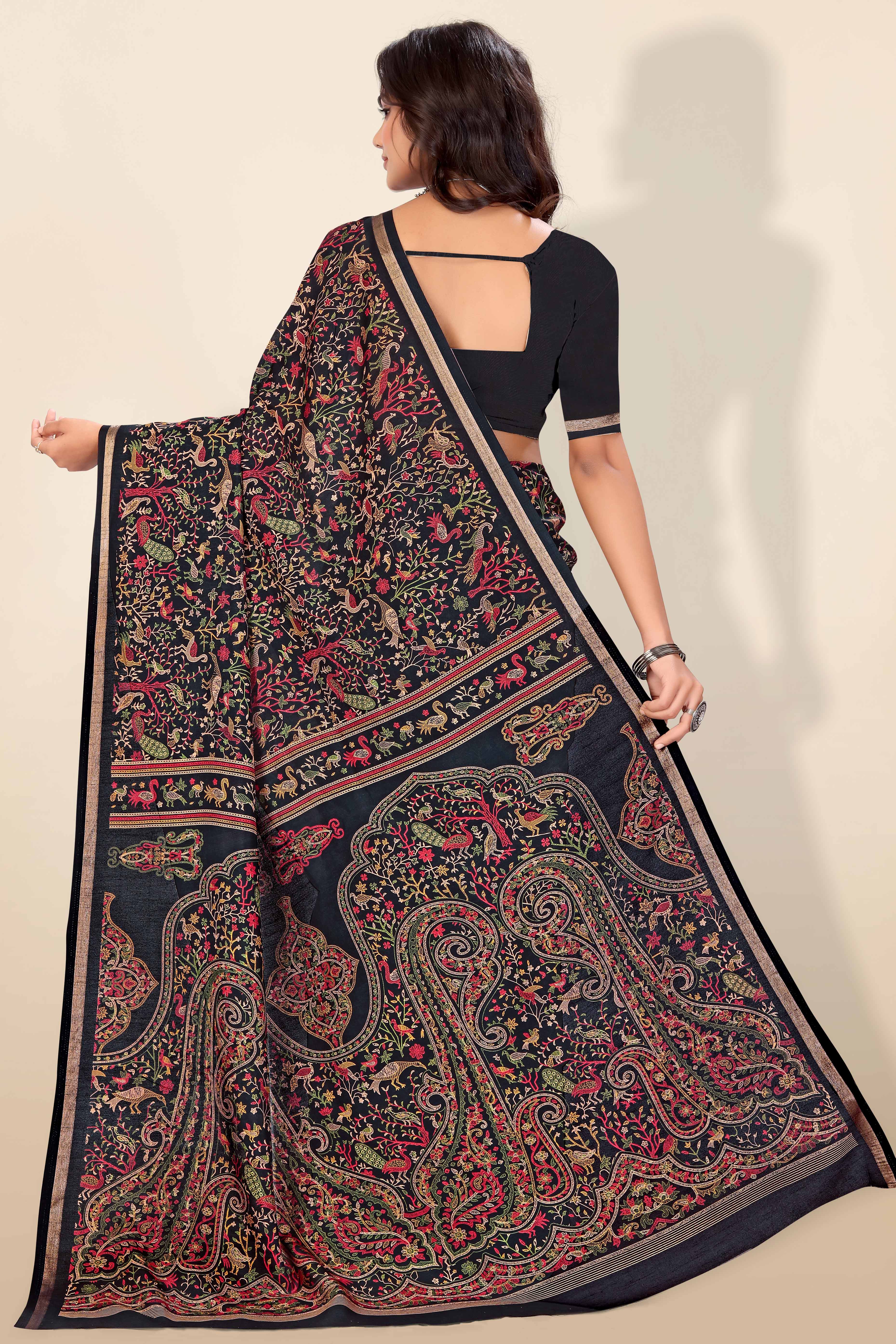 Black Tussar Silk Blend Saree with Intricate Floral & Bird Kashmiri Print & Elegant Zari Border