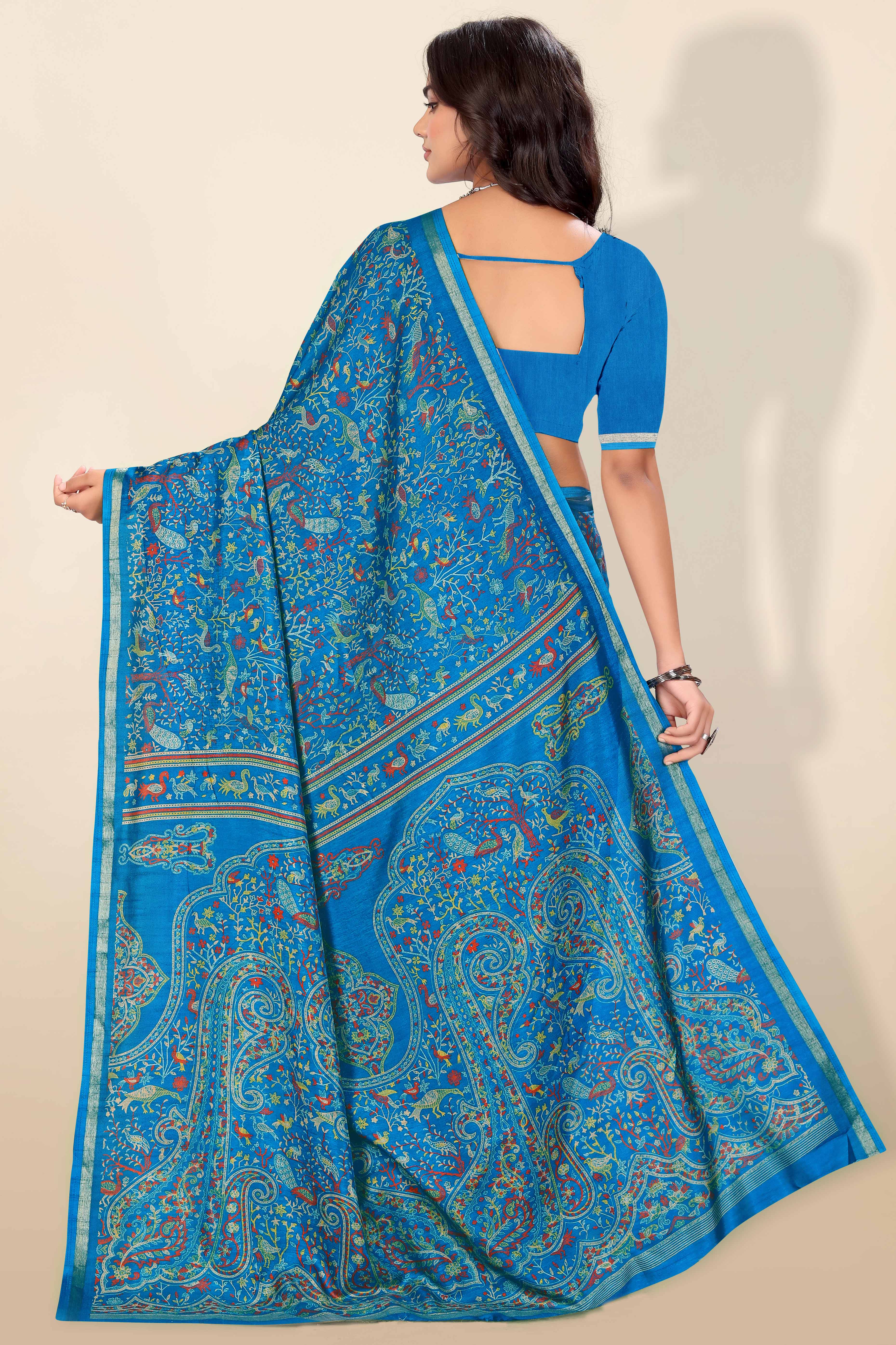 Blue Tussar Silk Blend Saree with Intricate Floral & Bird Kashmiri Print & Elegant Zari Border