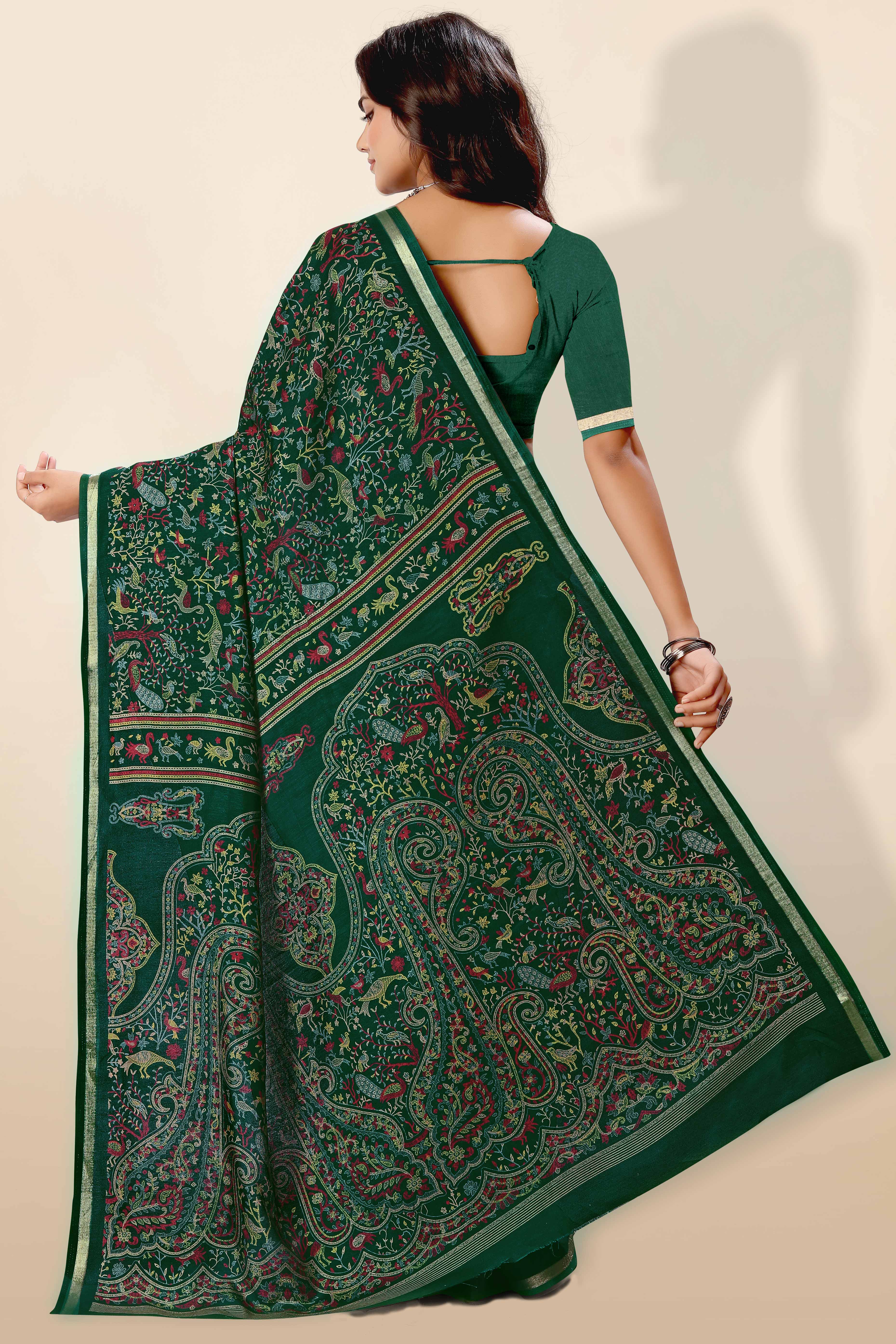 Green Tussar Silk Blend Saree with Intricate Floral & Bird Kashmiri Print & Elegant Zari Border