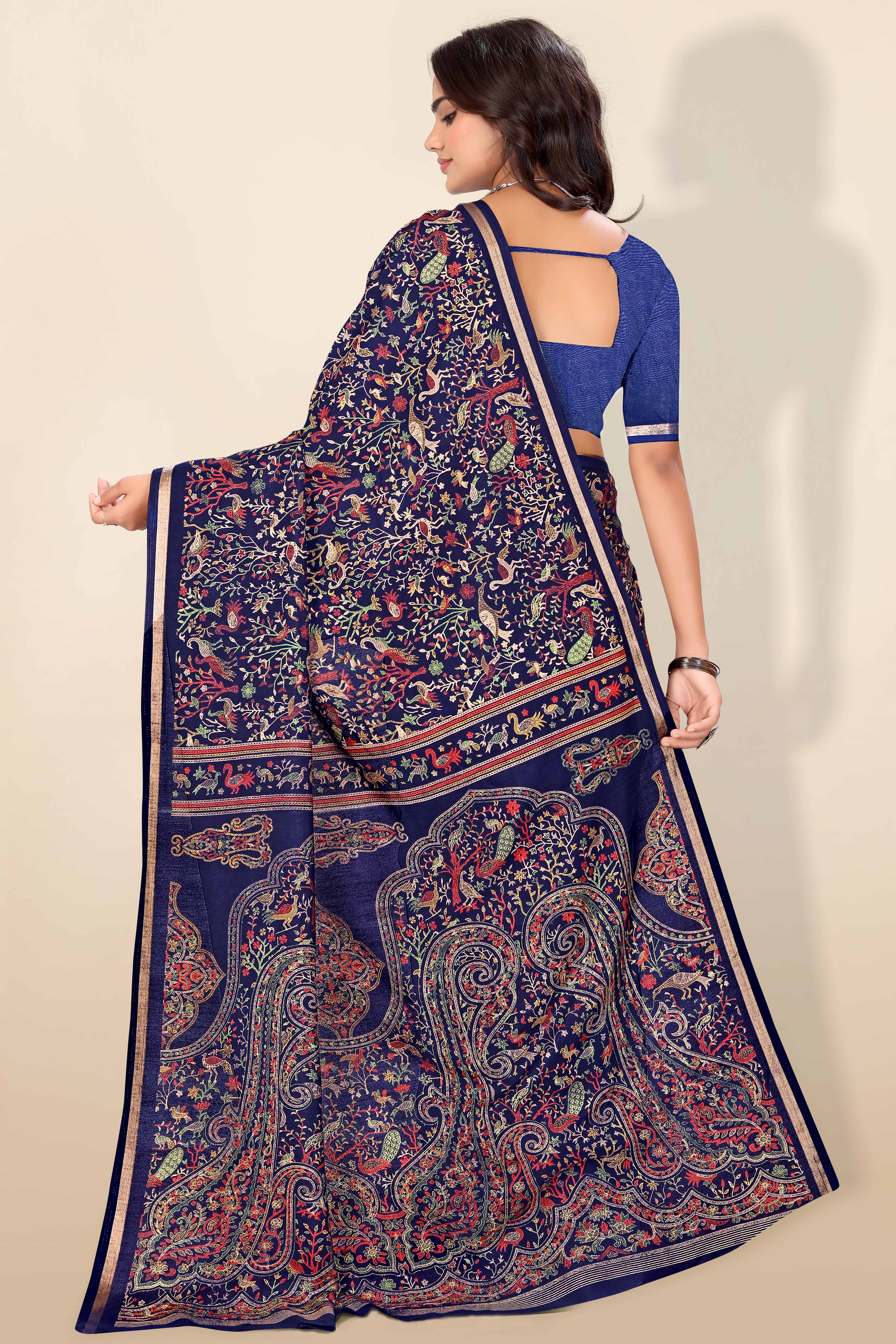 Navy Blue Tussar Silk Blend Saree with Intricate Floral & Bird Kashmiri Print & Elegant Zari Border