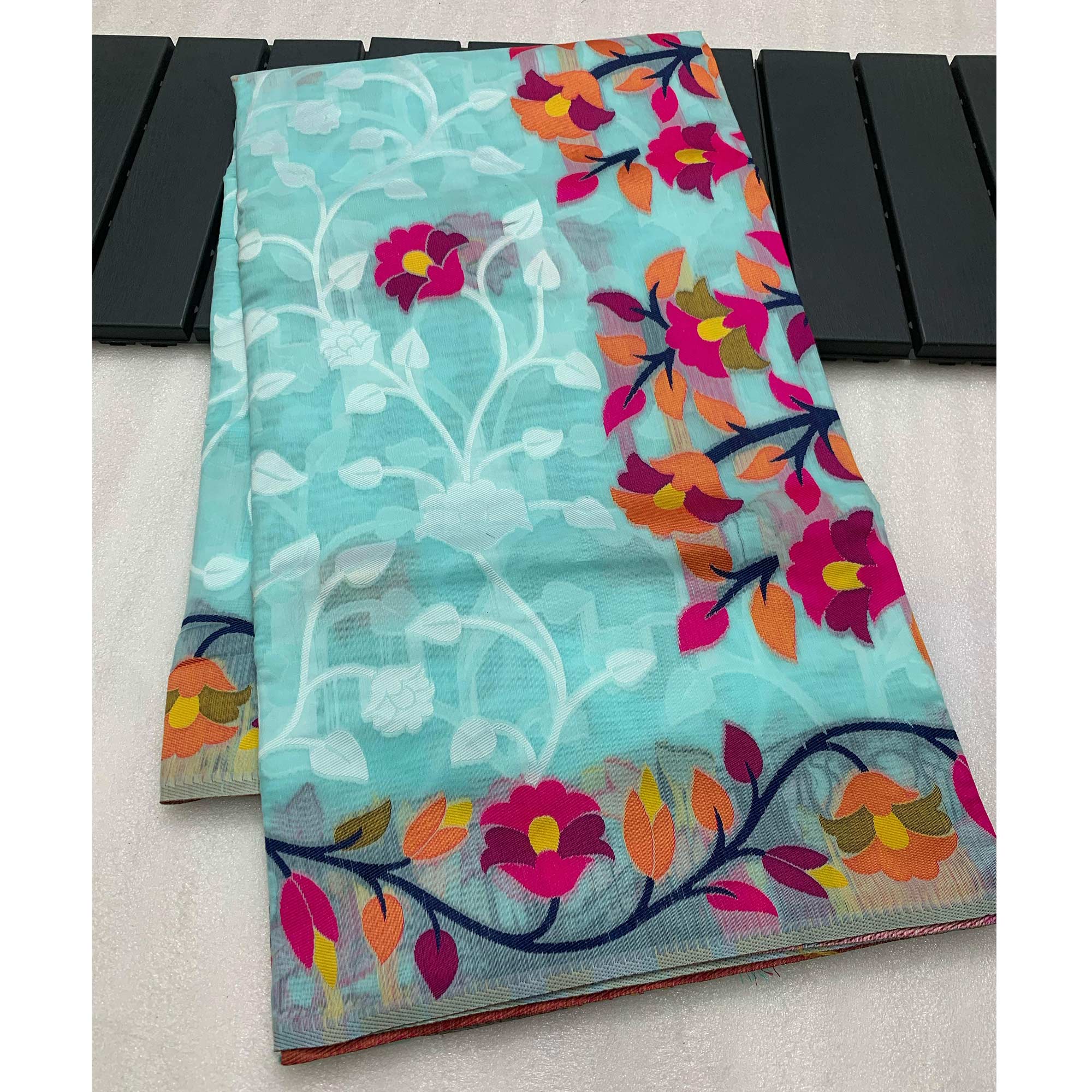 Blue Floral Woven Cotton Jacquard Jamdani Saree With A Graceful Tassel Border