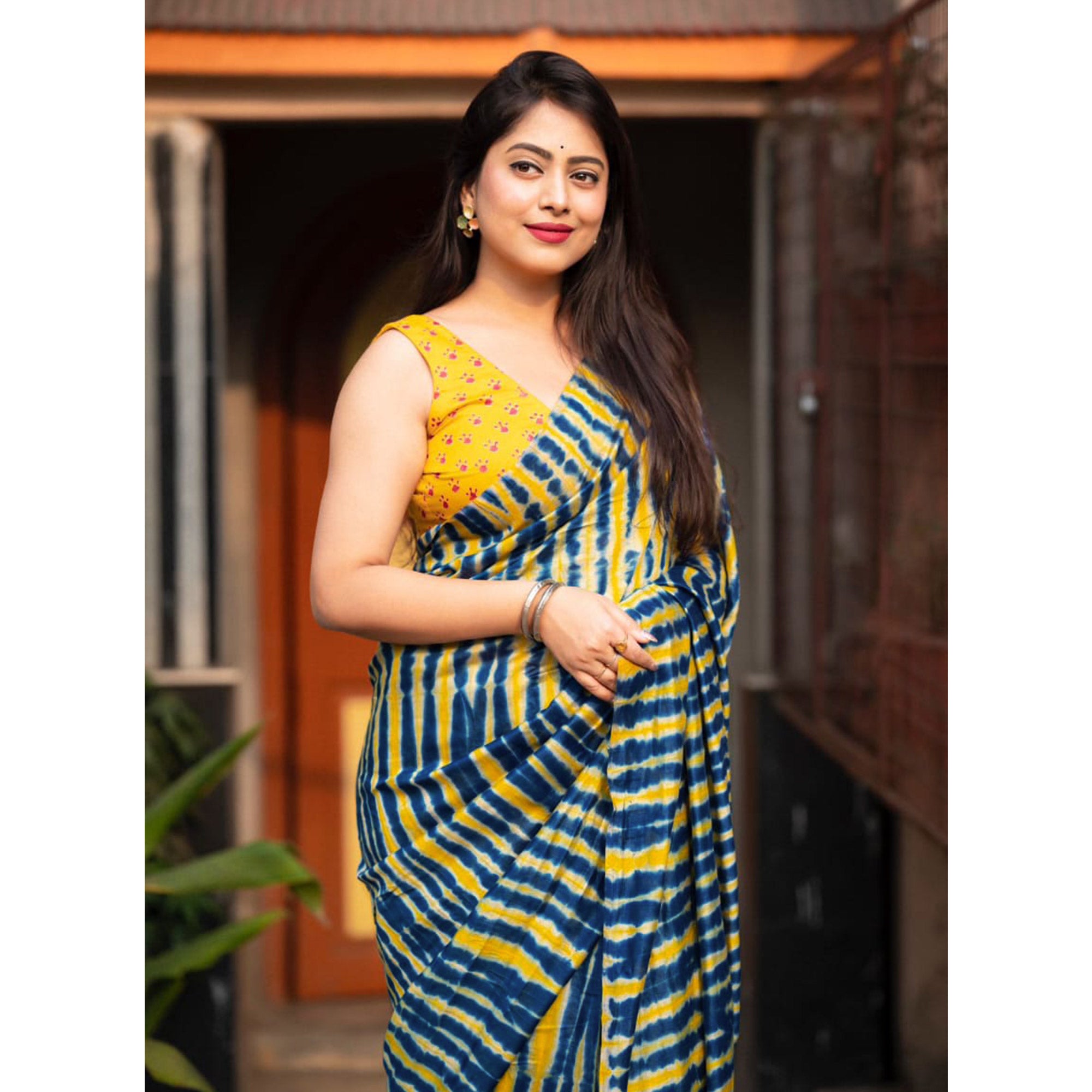 Blue & Yellow Shibori Printed Chanderi Saree