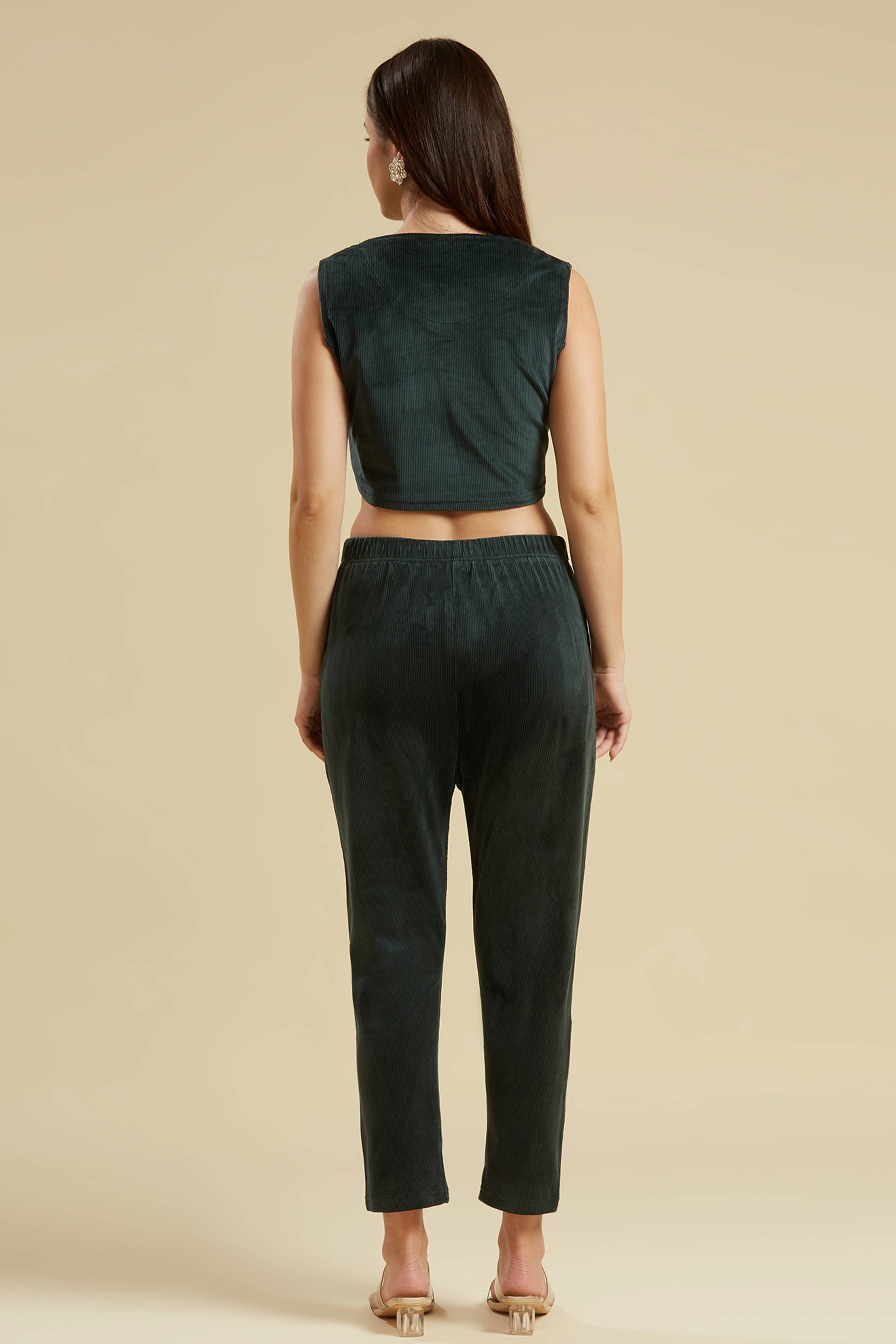 Green Embroidered Velvet Front Slit Top Bottom Set