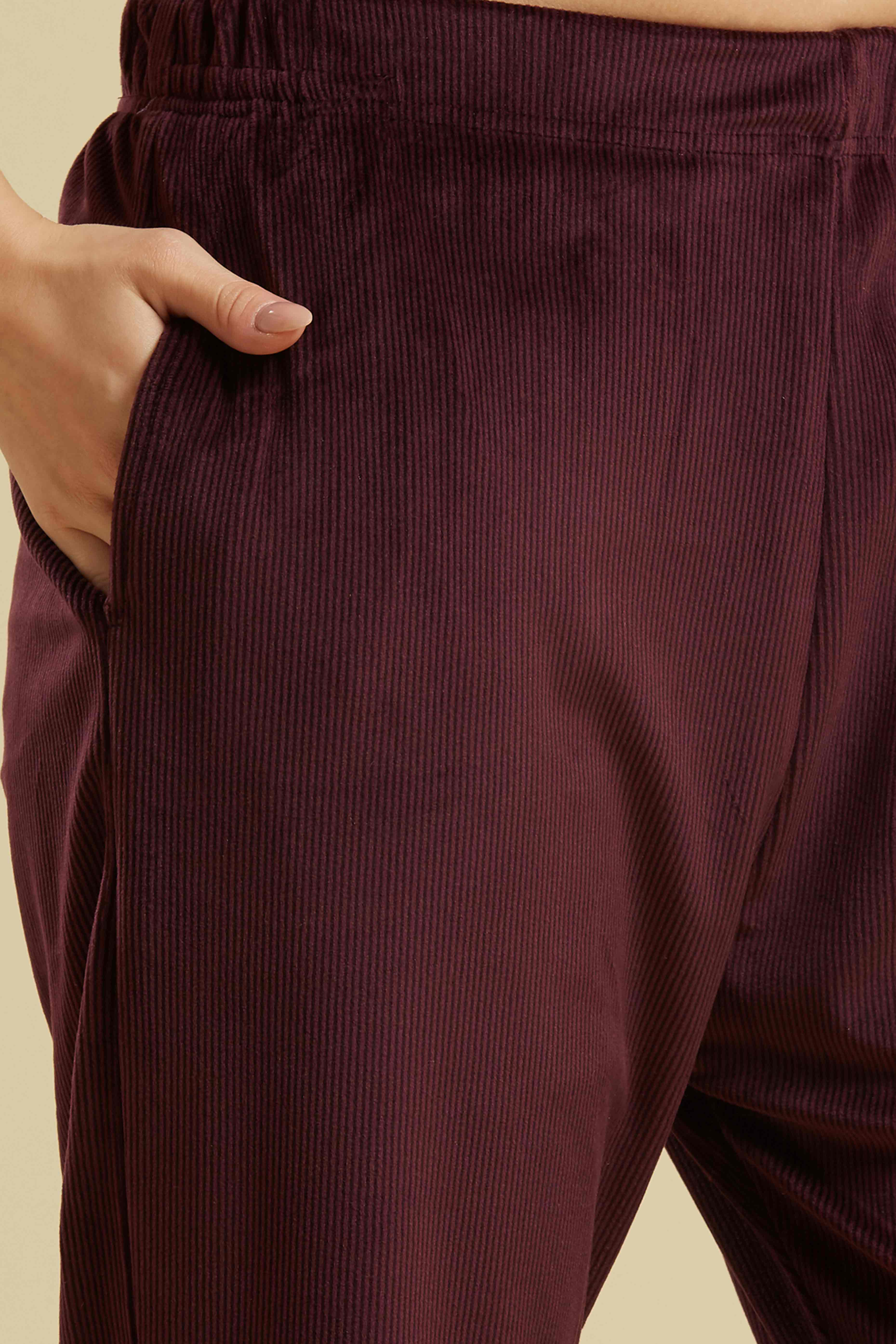 Wine Embroidered Velvet A-Line Top Bottom Set