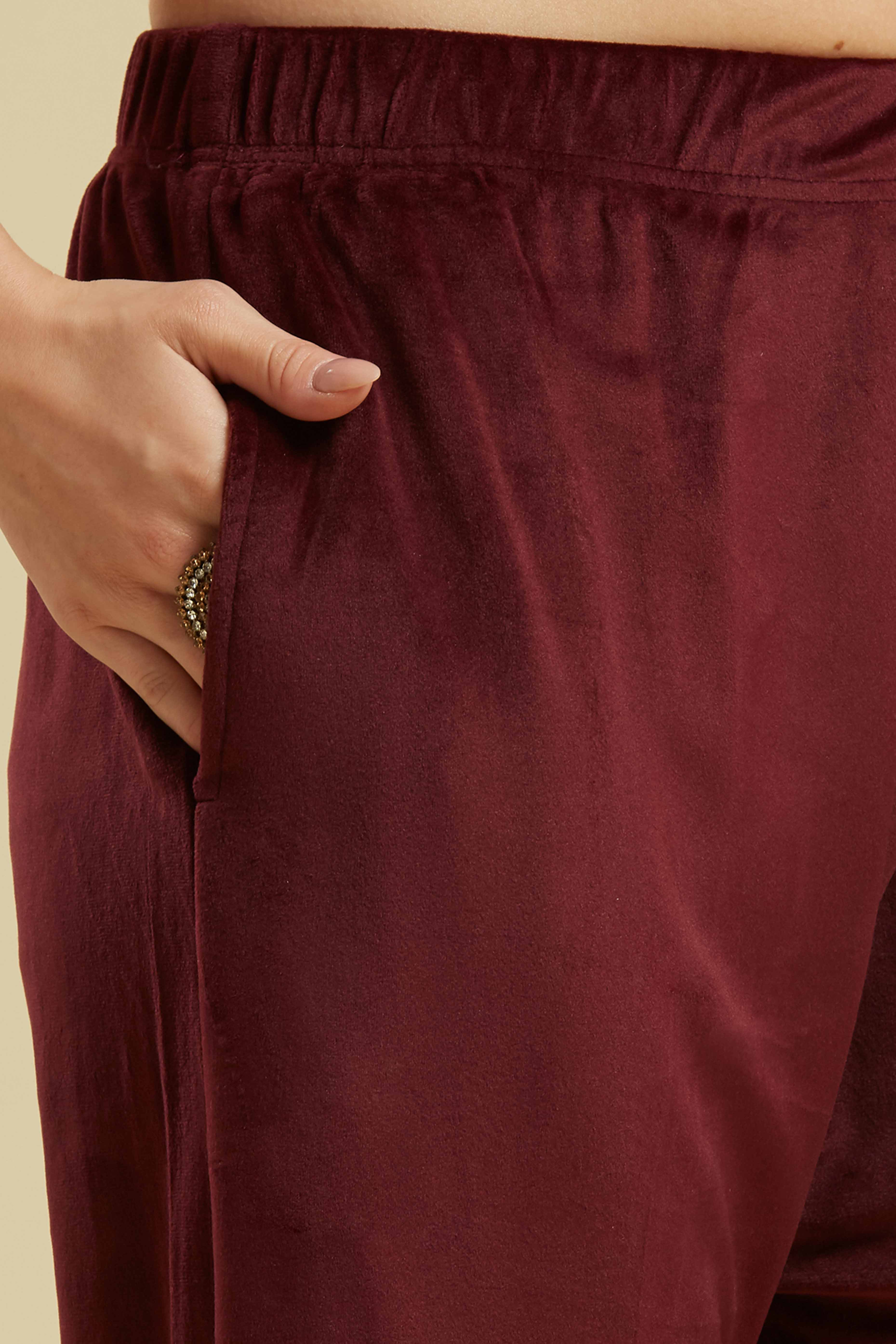 Wine Embroidered Velvet Straight Salwar Suit