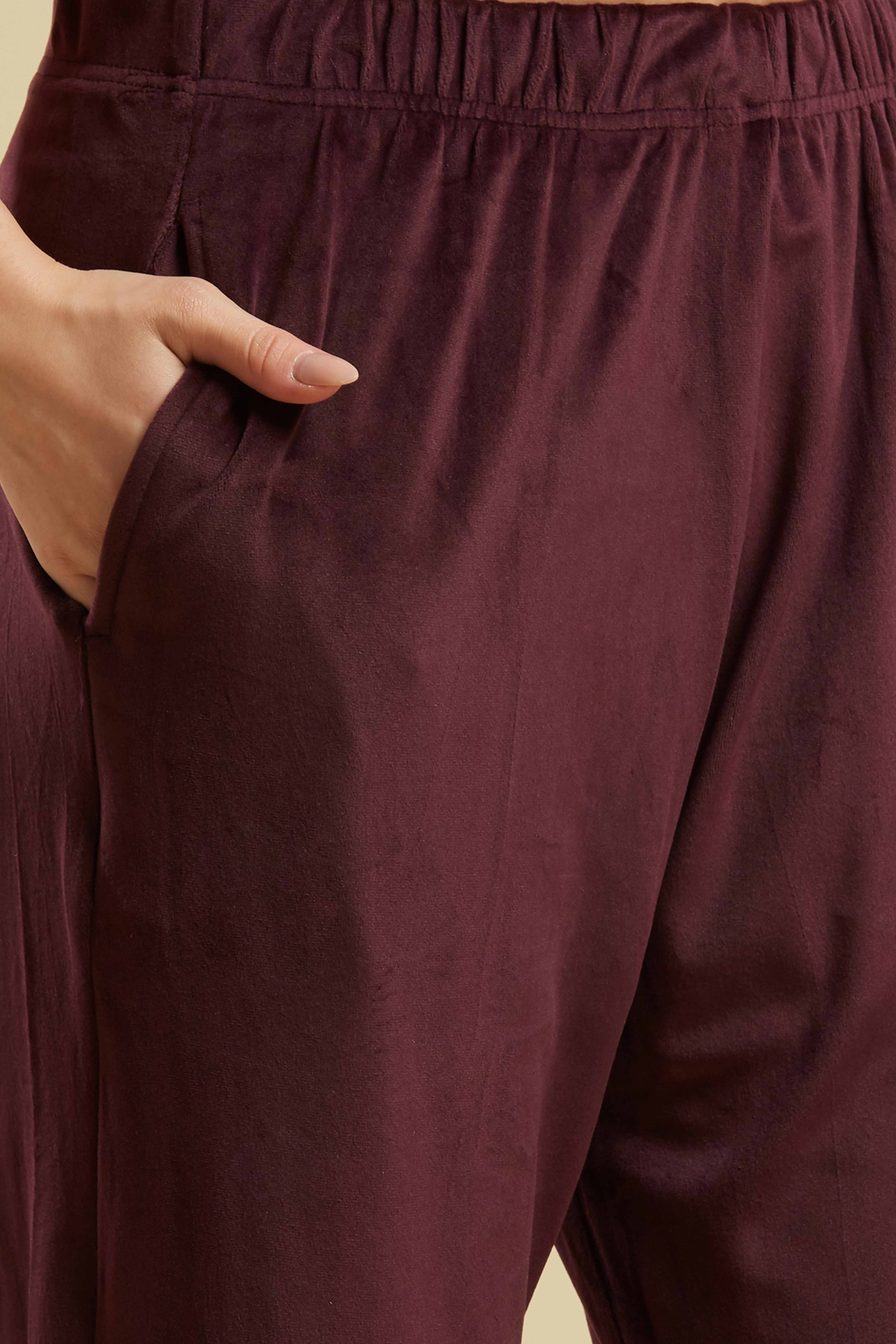 Wine Embroidered Velvet Straight Salwar Suit