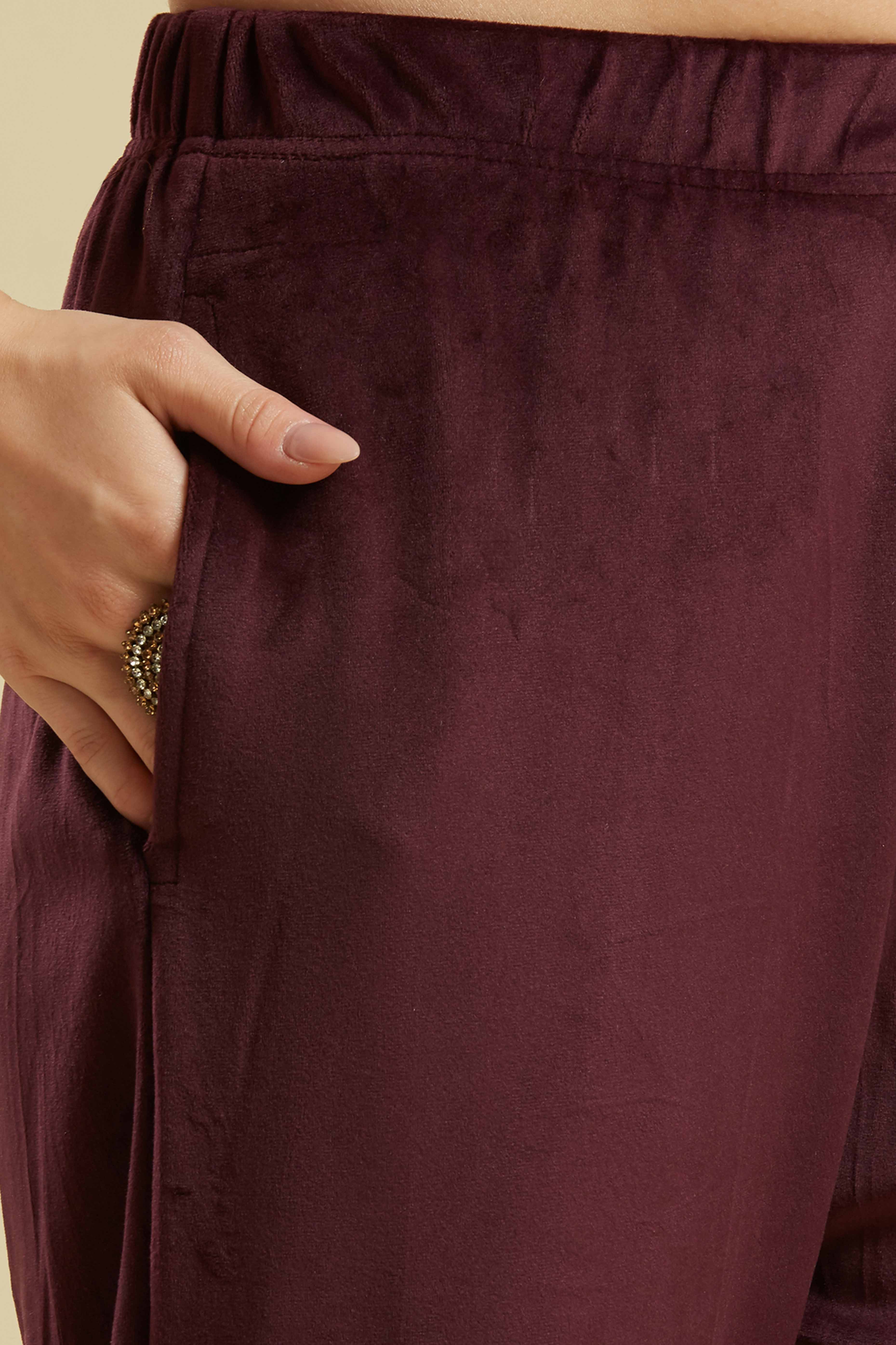 Wine Embroidered Velvet Straight Salwar Suit