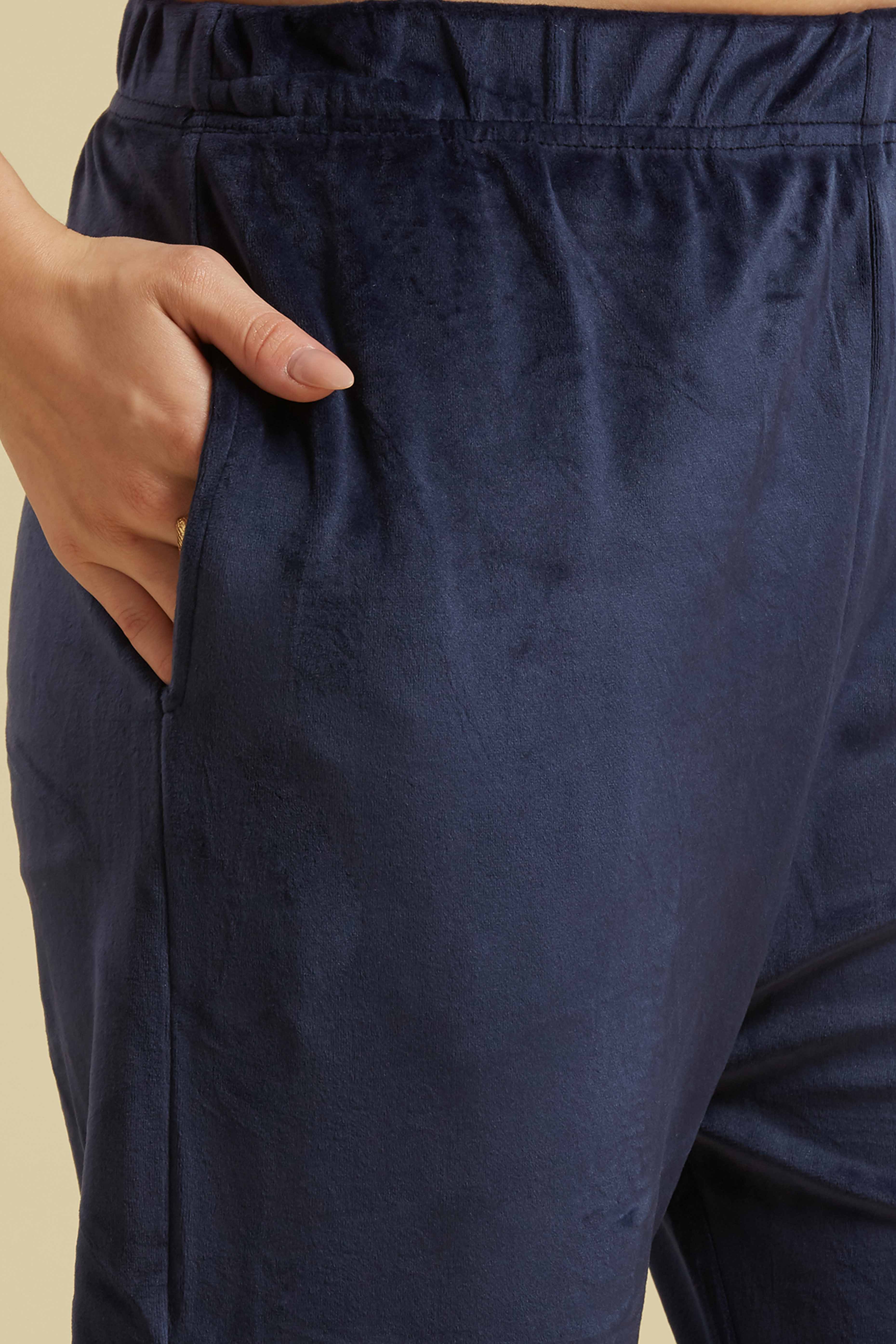 Navy Blue Embroidered Velvet Straight Top Bottom Set