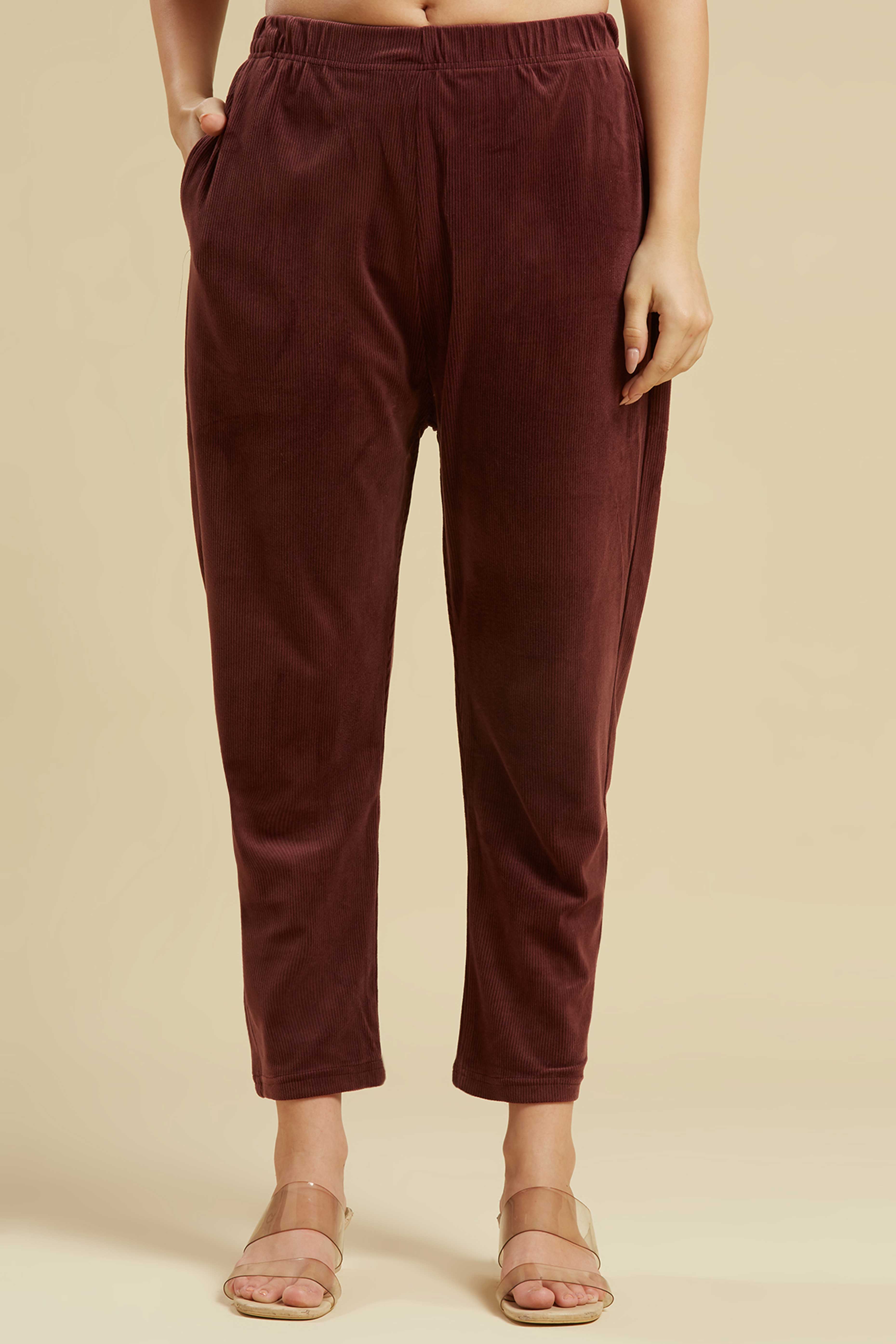 Brown Embroidered Velvet A-Line Top Bottom Set