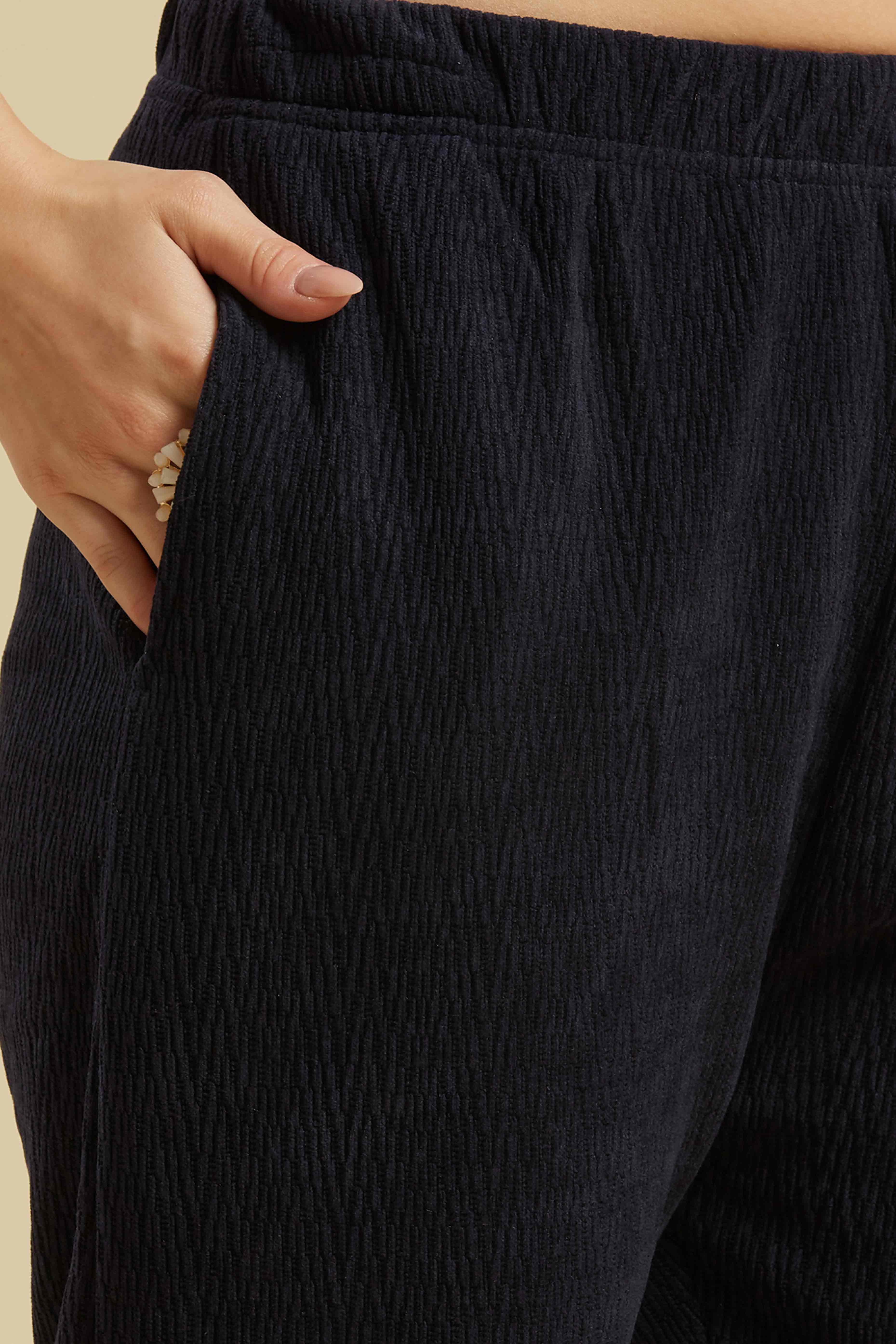 Navy Blue Woven Woolen A-Line Top Bottom Set