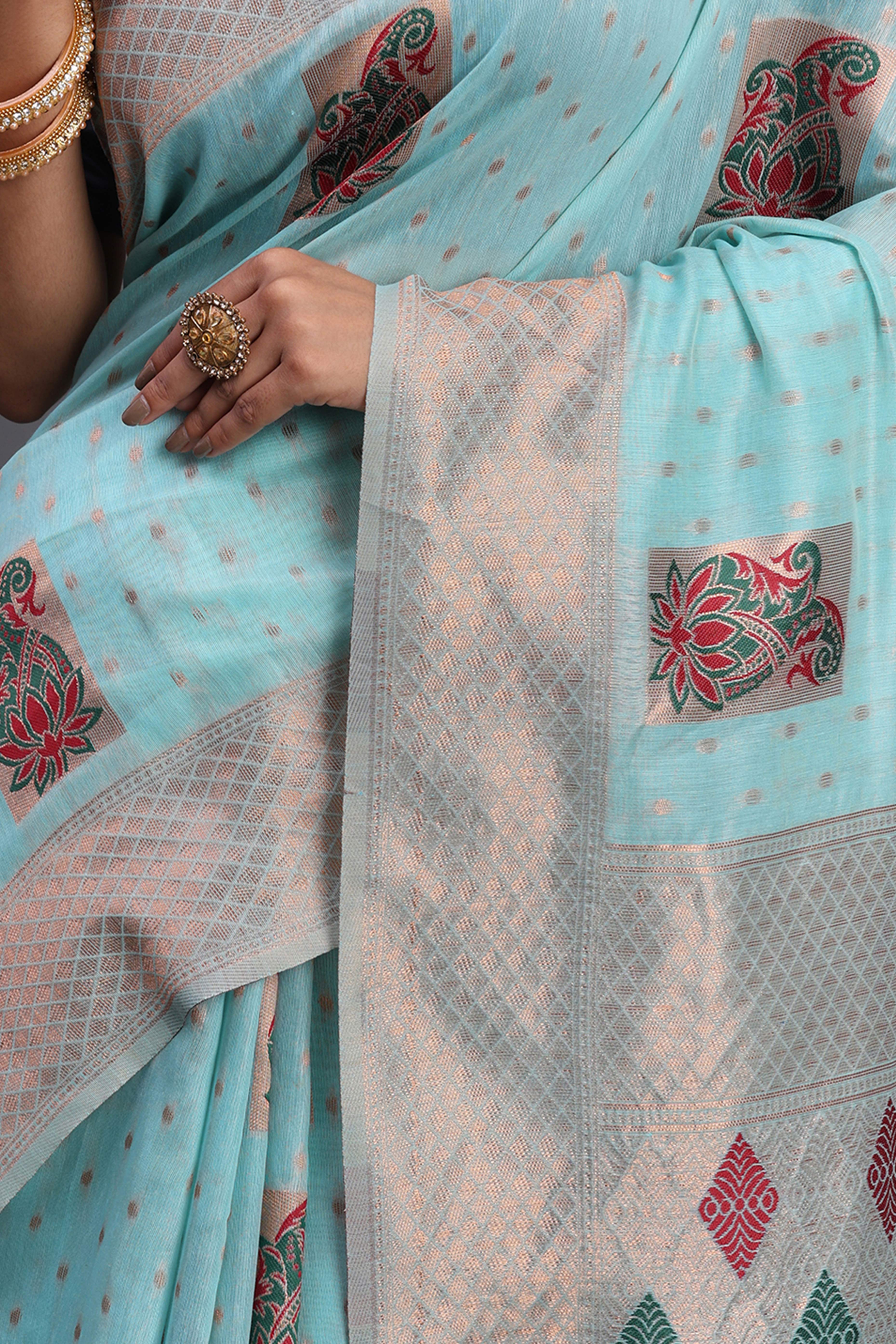 Stylish Sky Blue Floral Zari Weaving Linen Cotton Saree With Graceful Tassel Pallu