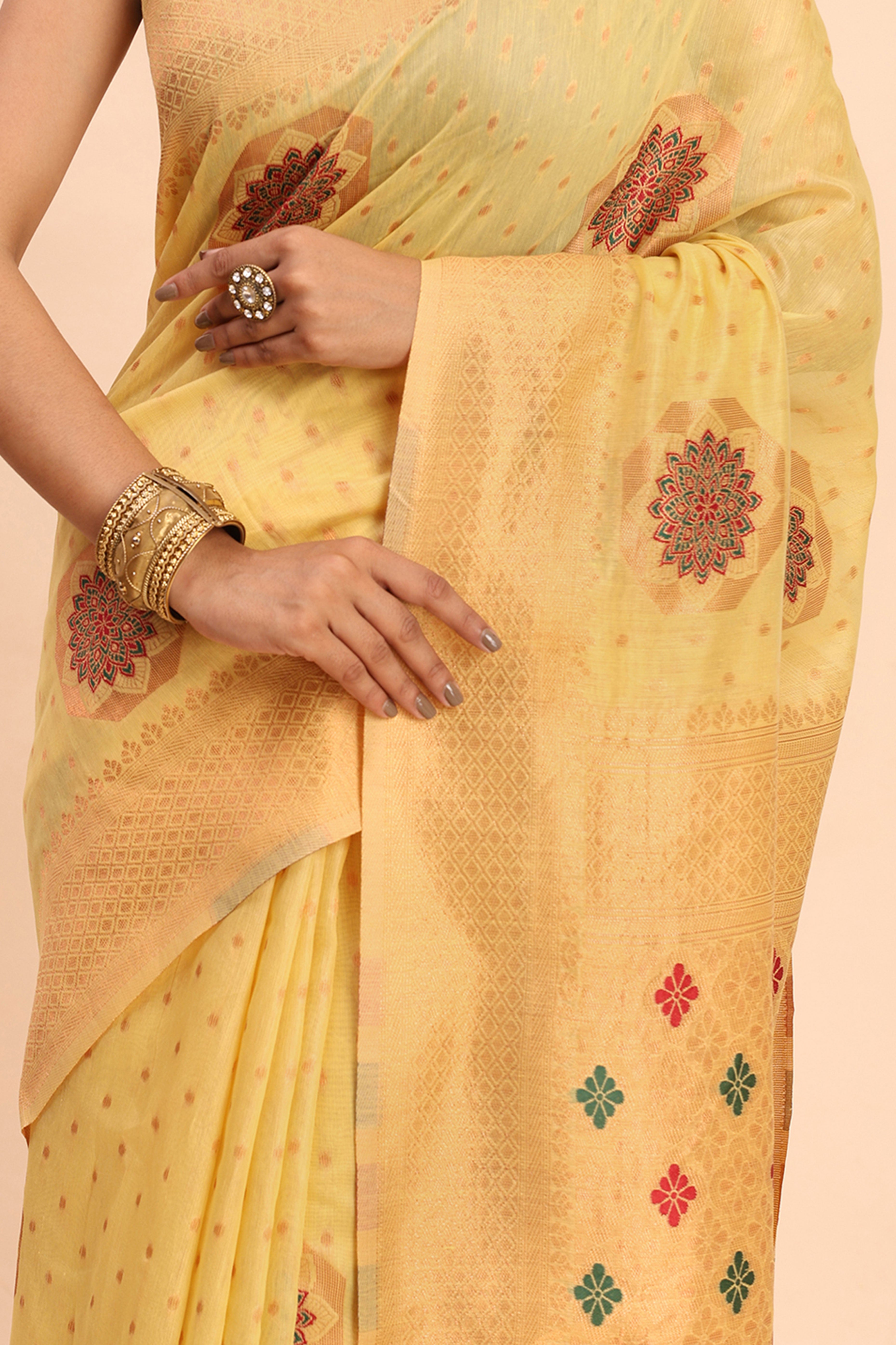 Stylish Yellow Floral Zari Weaving Linen Cotton Saree With Graceful Tassel Pallu