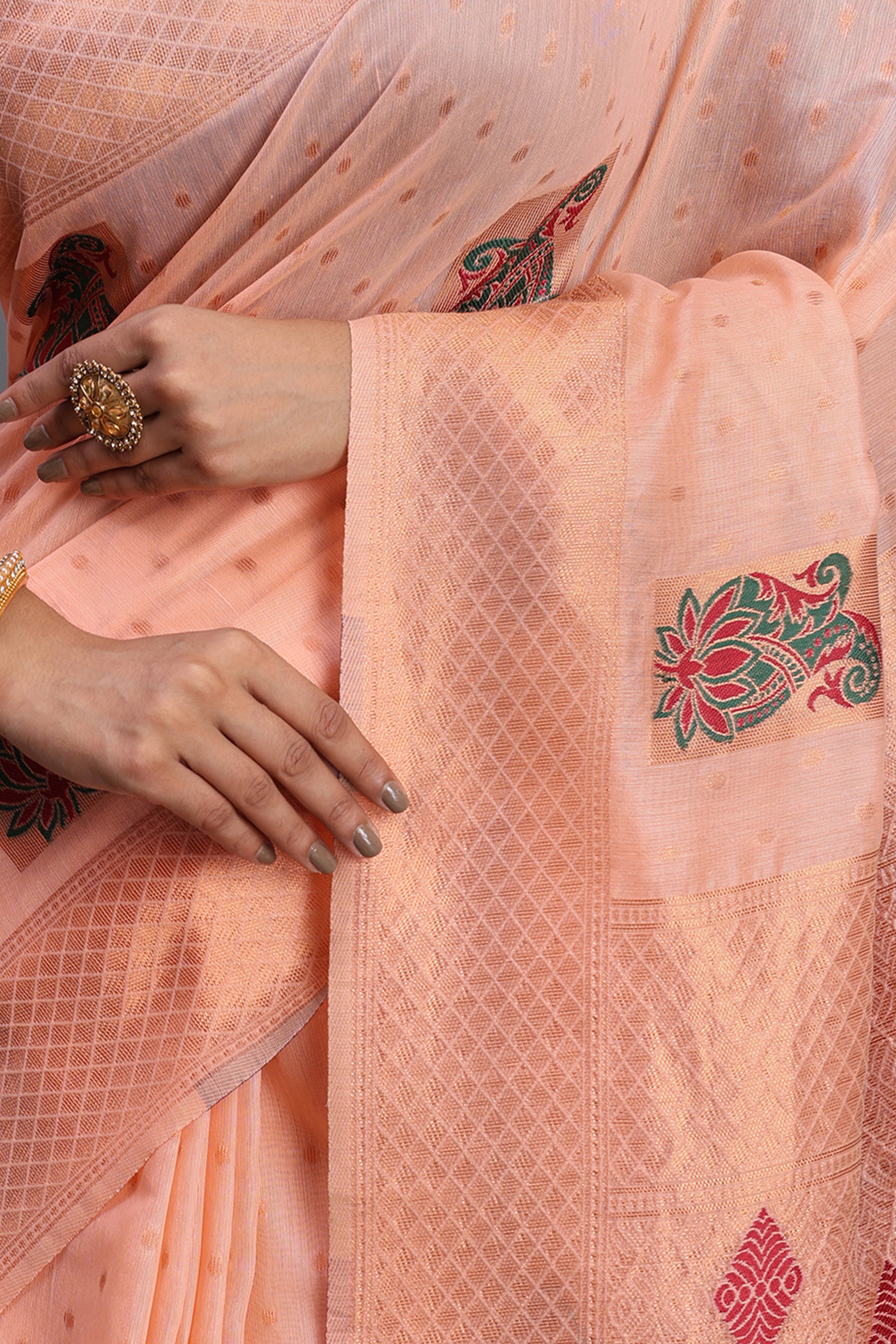 Stylish Peach Floral Zari Weaving Linen Cotton Saree With Graceful Tassel Pallu