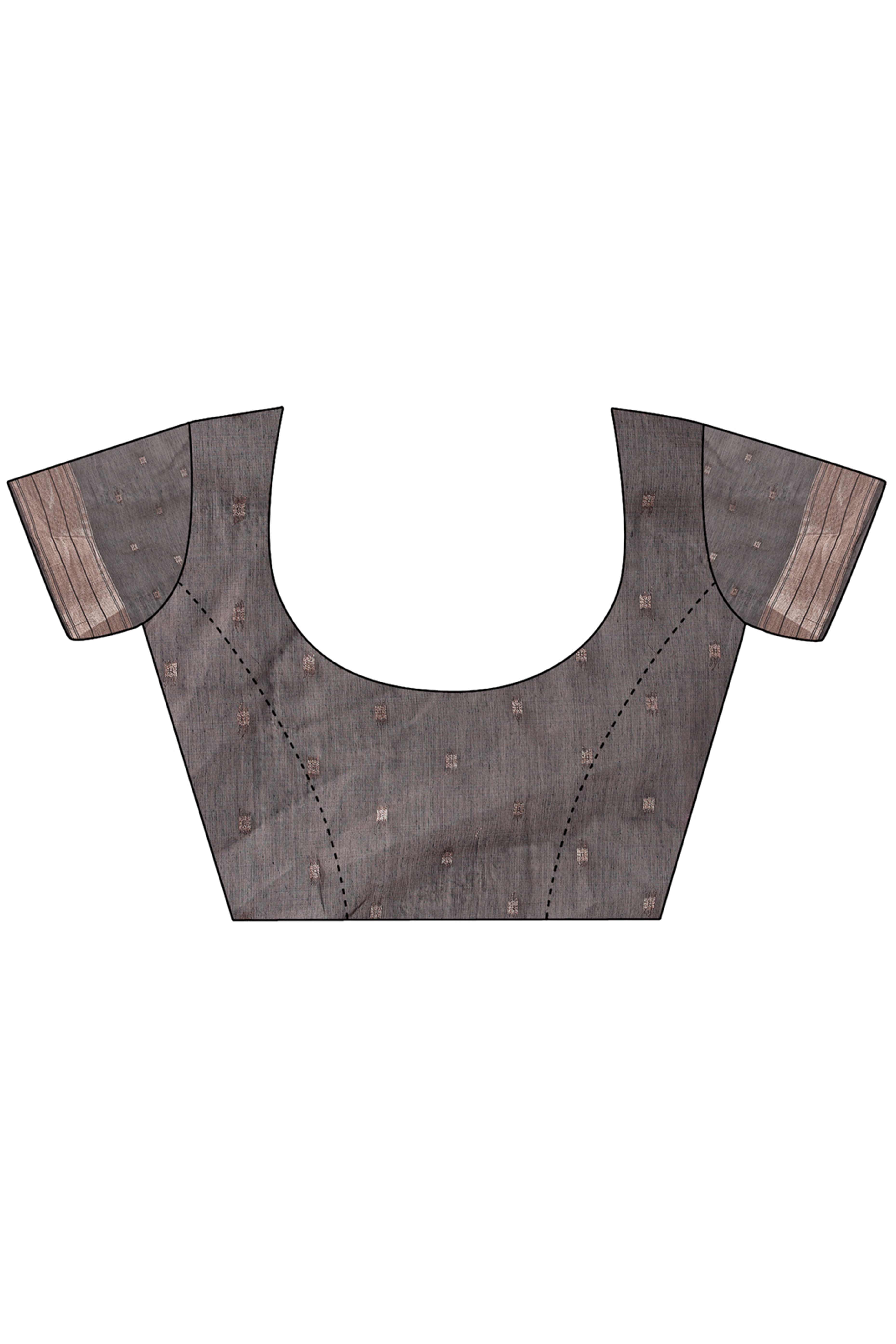 Dark Grey Floral Woven Linen Cotton Saree Accented With Peacock Motif Pallu & Zari Border