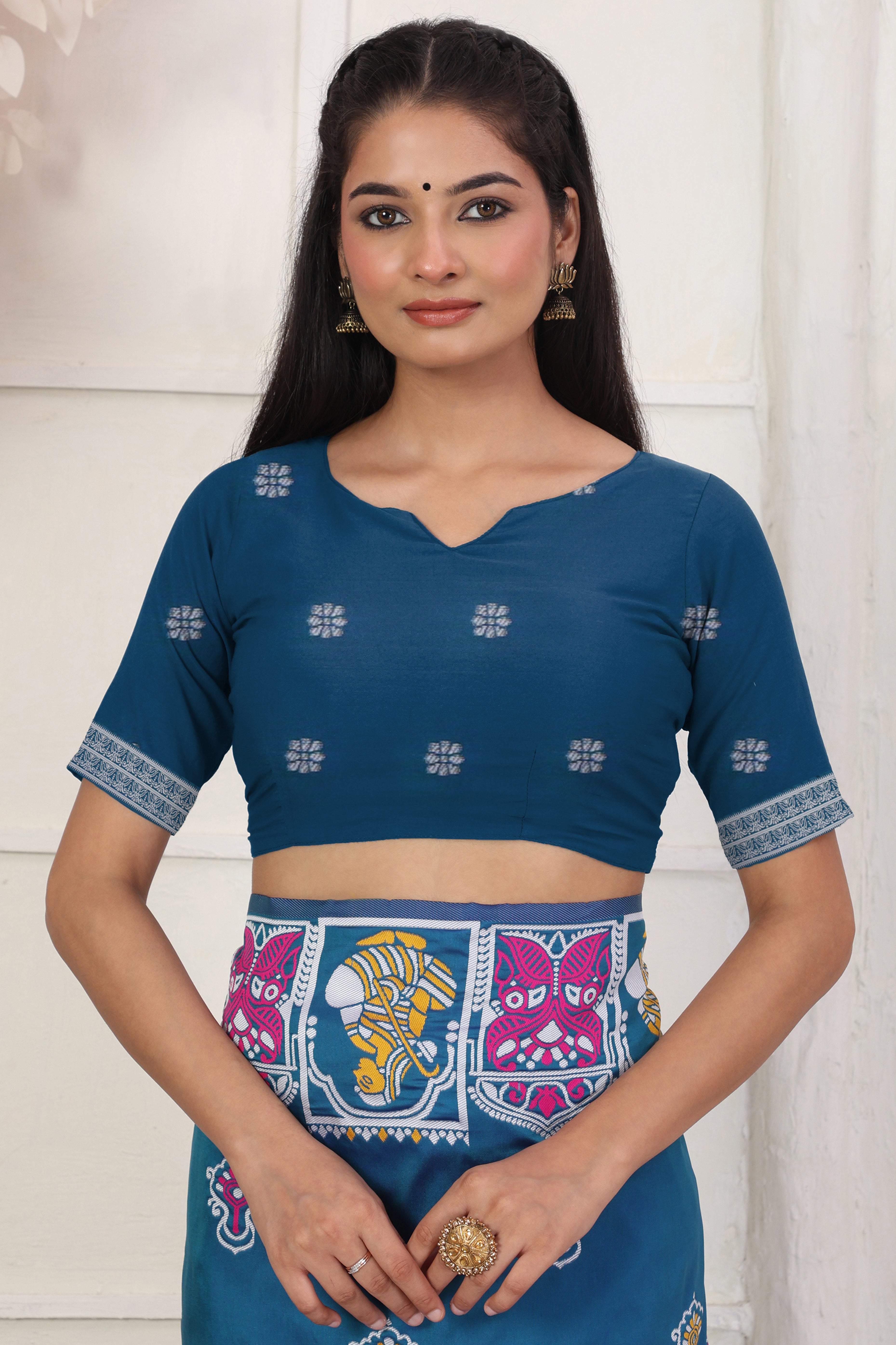 Teal Blue Ethnic Madhubani Print Silk Blend Saree Enhanced With Tassel Pallu Accents