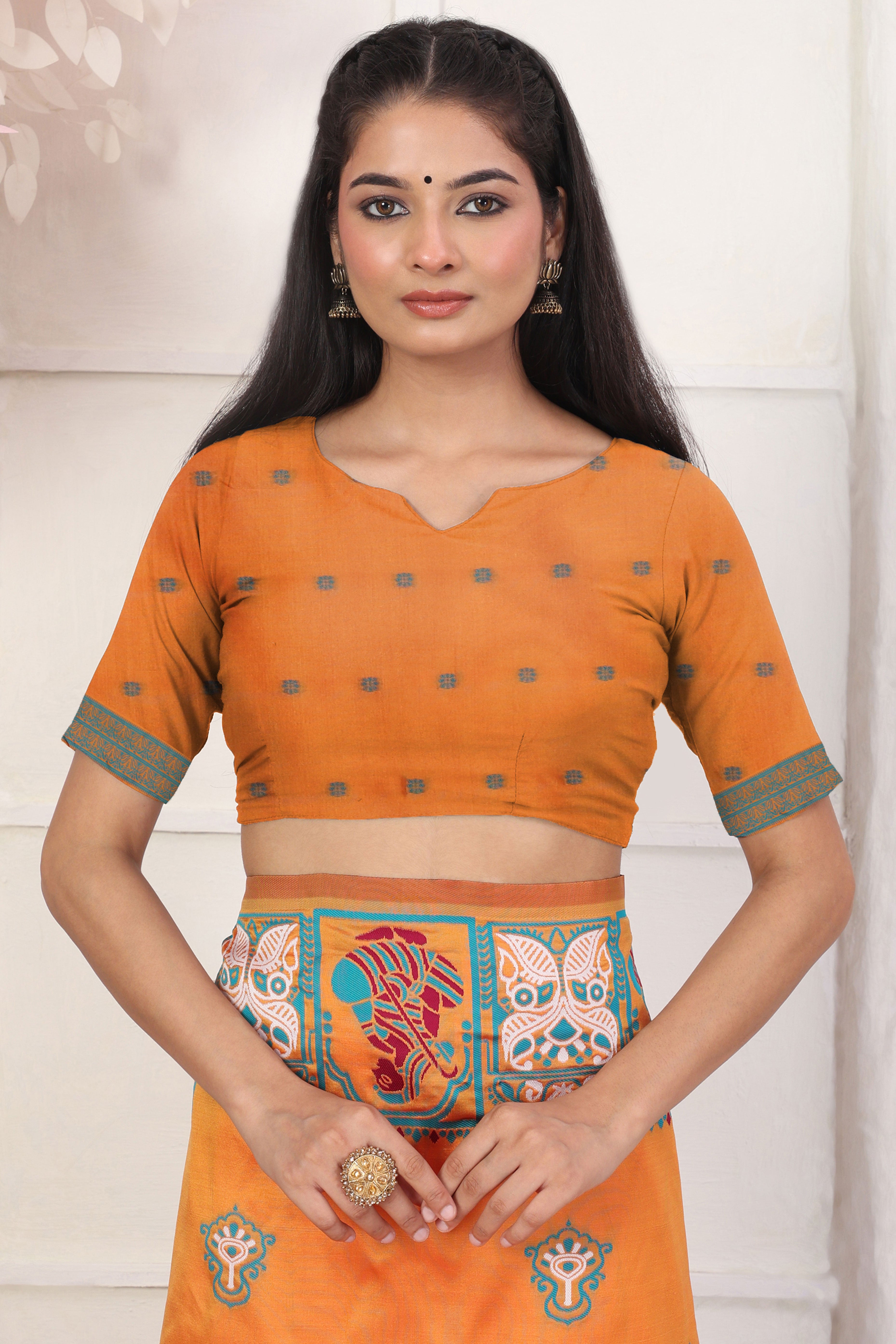 Orange Ethnic Madhubani Print Silk Blend Saree Enhanced With Tassel Pallu Accents