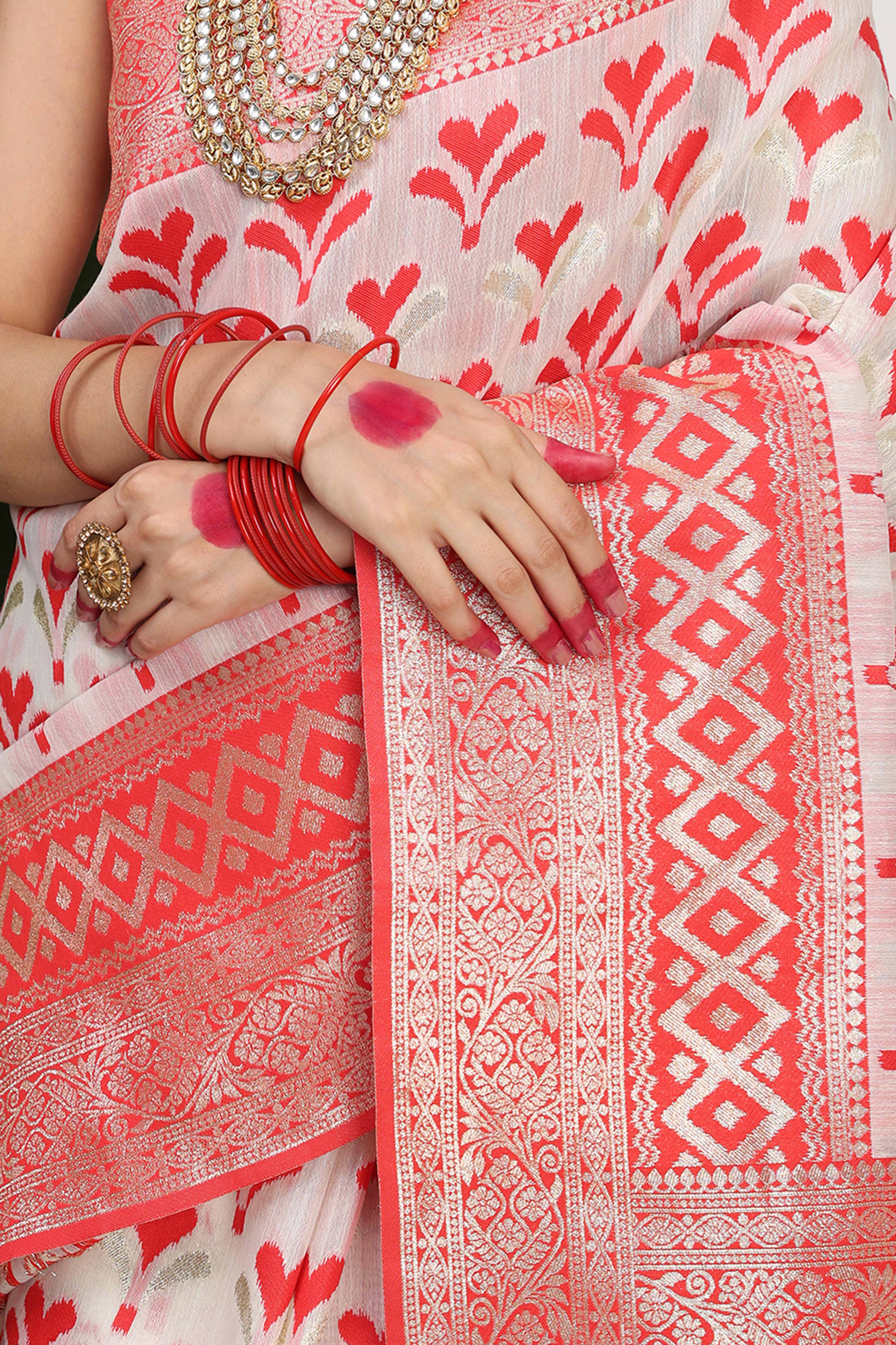 White & Red  Fusion Linen Cotton Saree With Classic Zari Weaving And Soft Tassel Accents