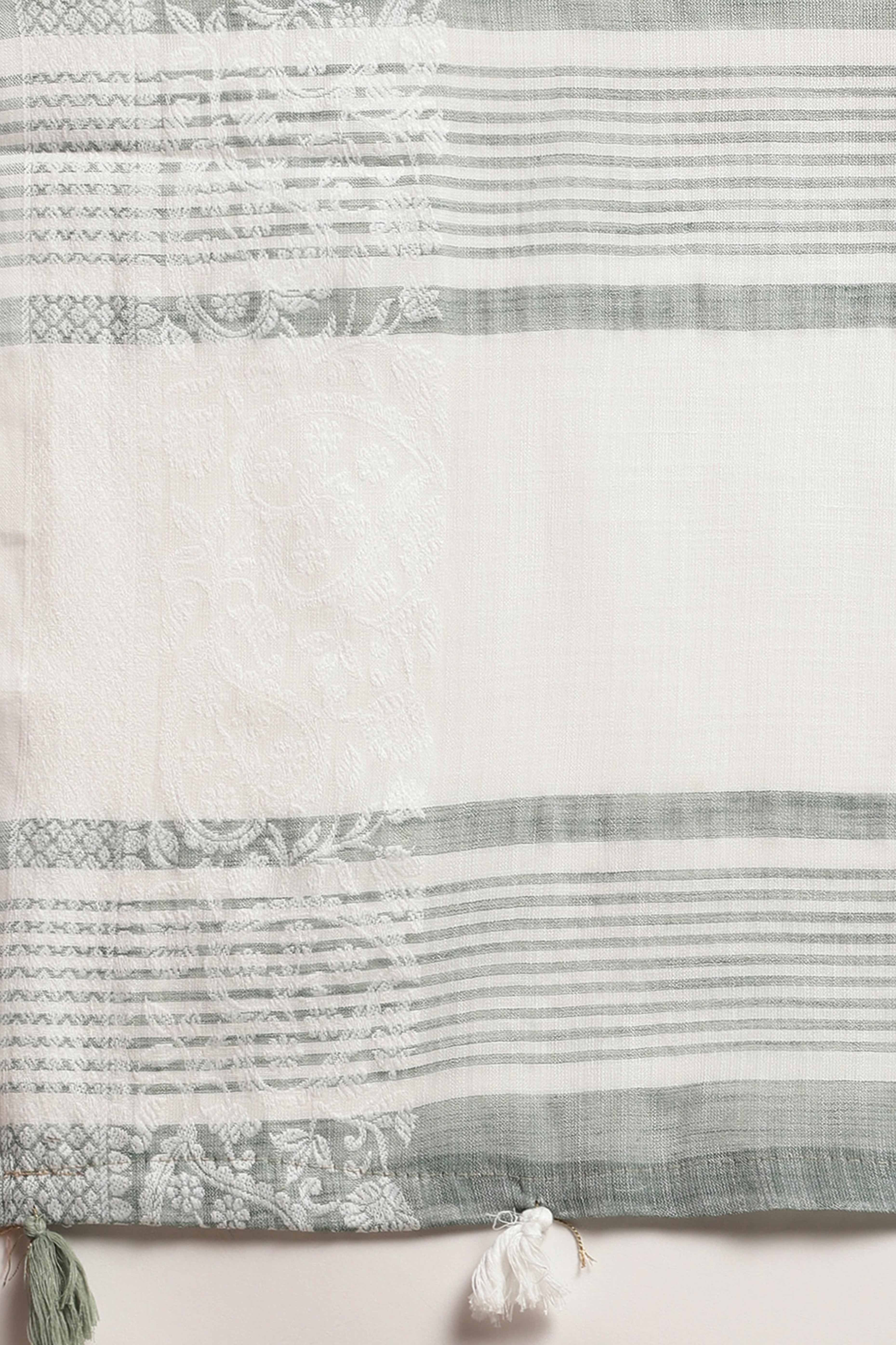 Sea Green Festive Linen Weaving Saree with Silver Zari Border & Pallu