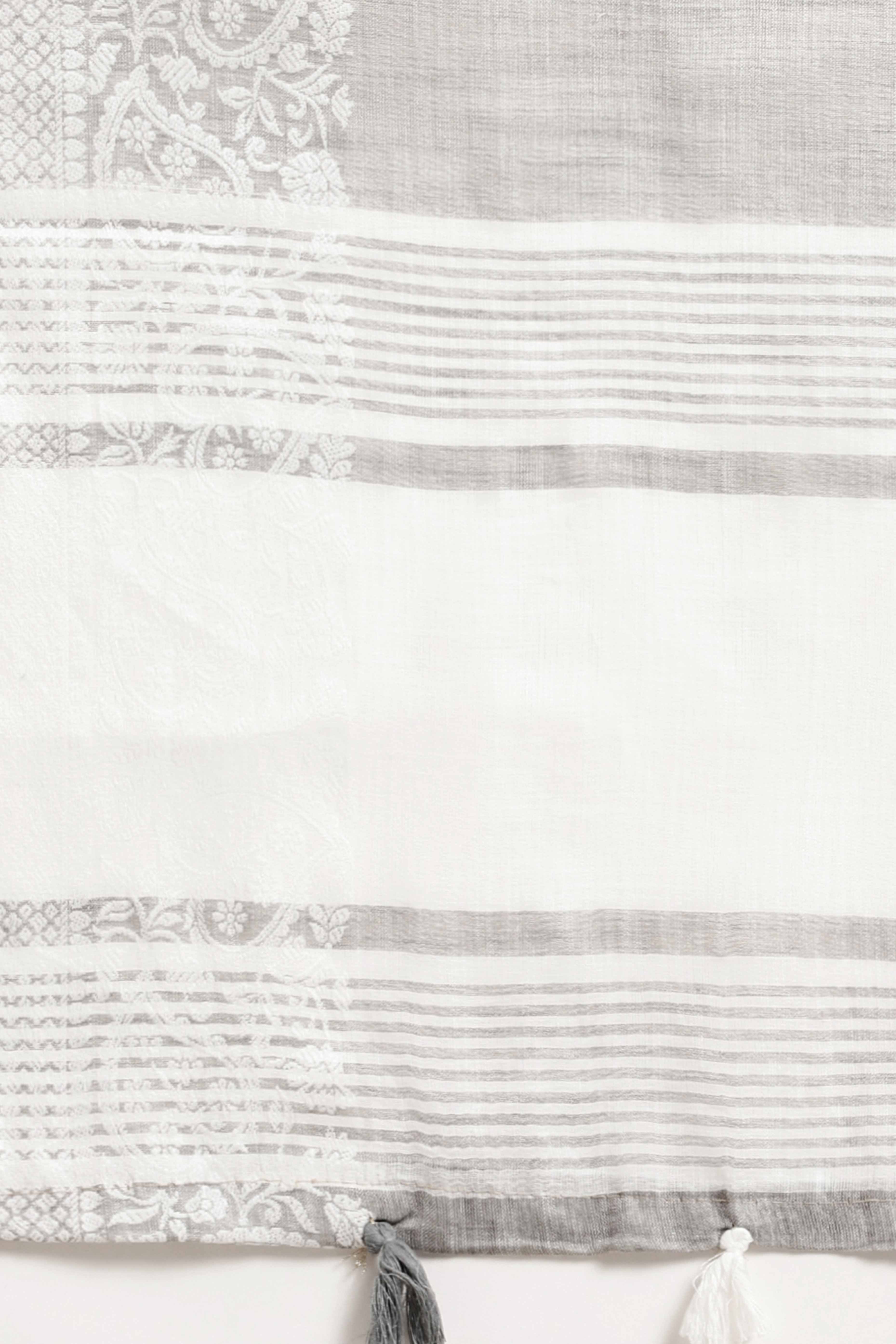 Grey Festive Linen Weaving Saree with Silver Zari Border & Pallu