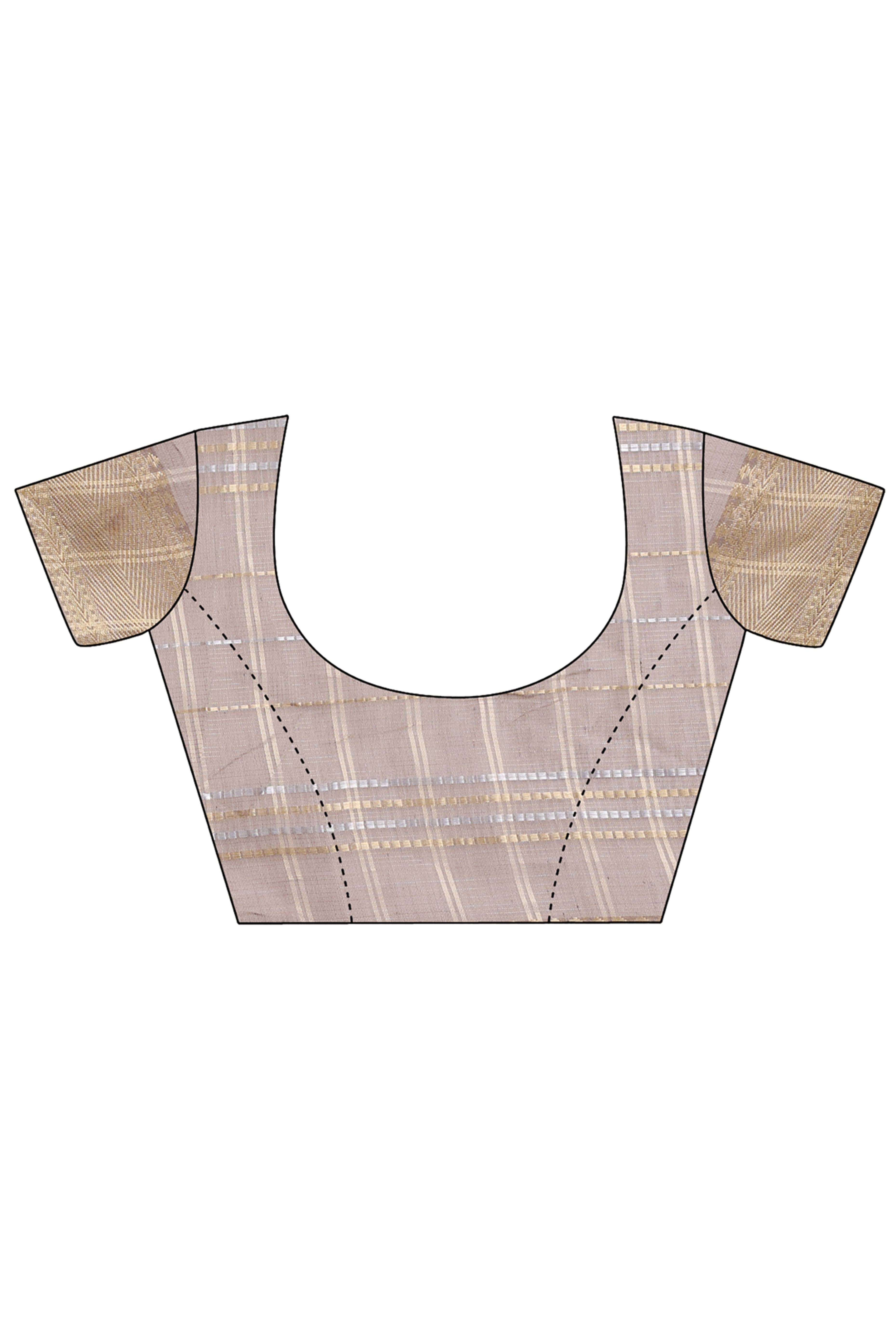 Taupe Grey Organza Saree with Checkered Zari Weaving and Tassel Finish