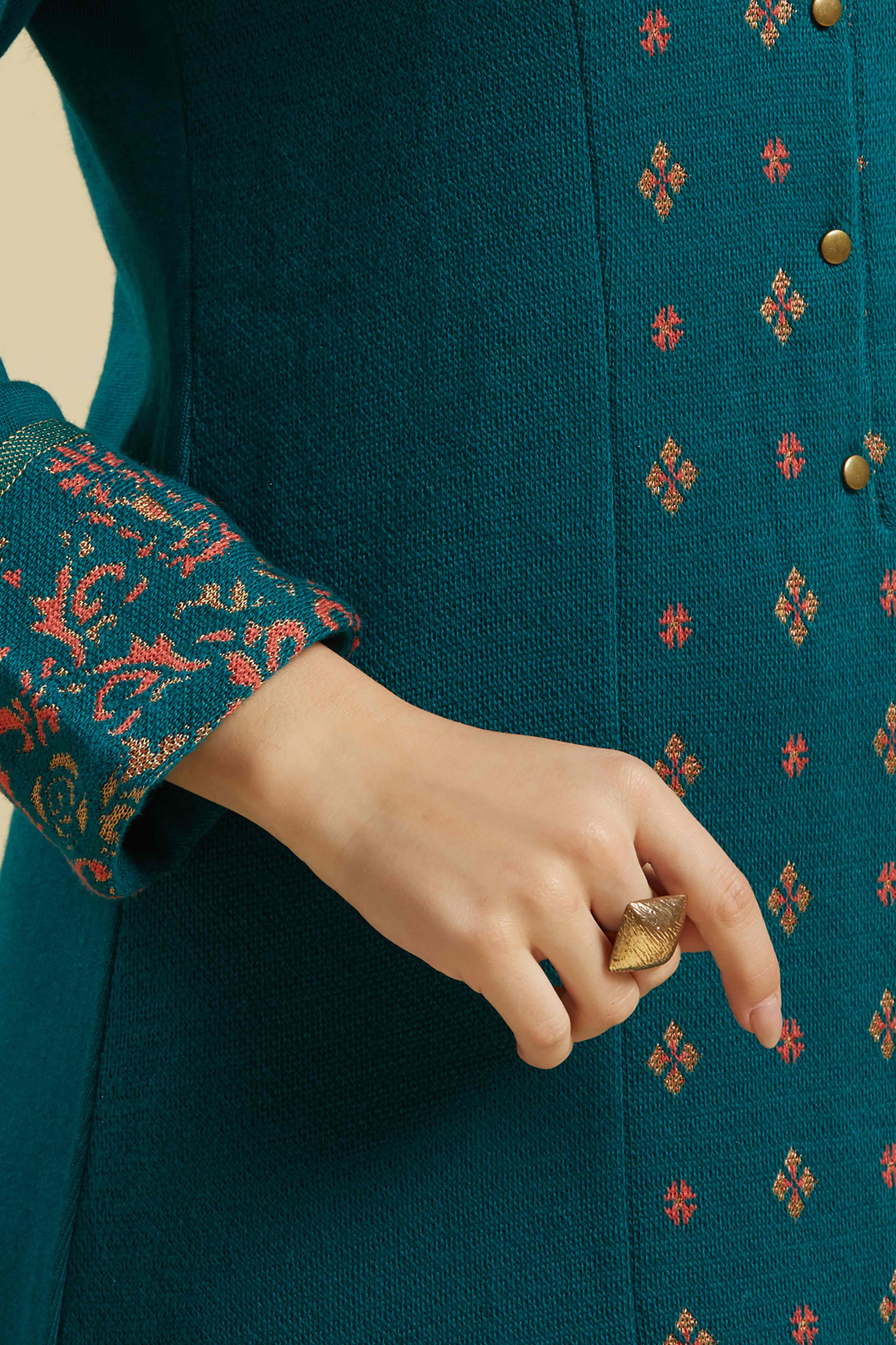 Teal Floral Woolen Top Bottom Set