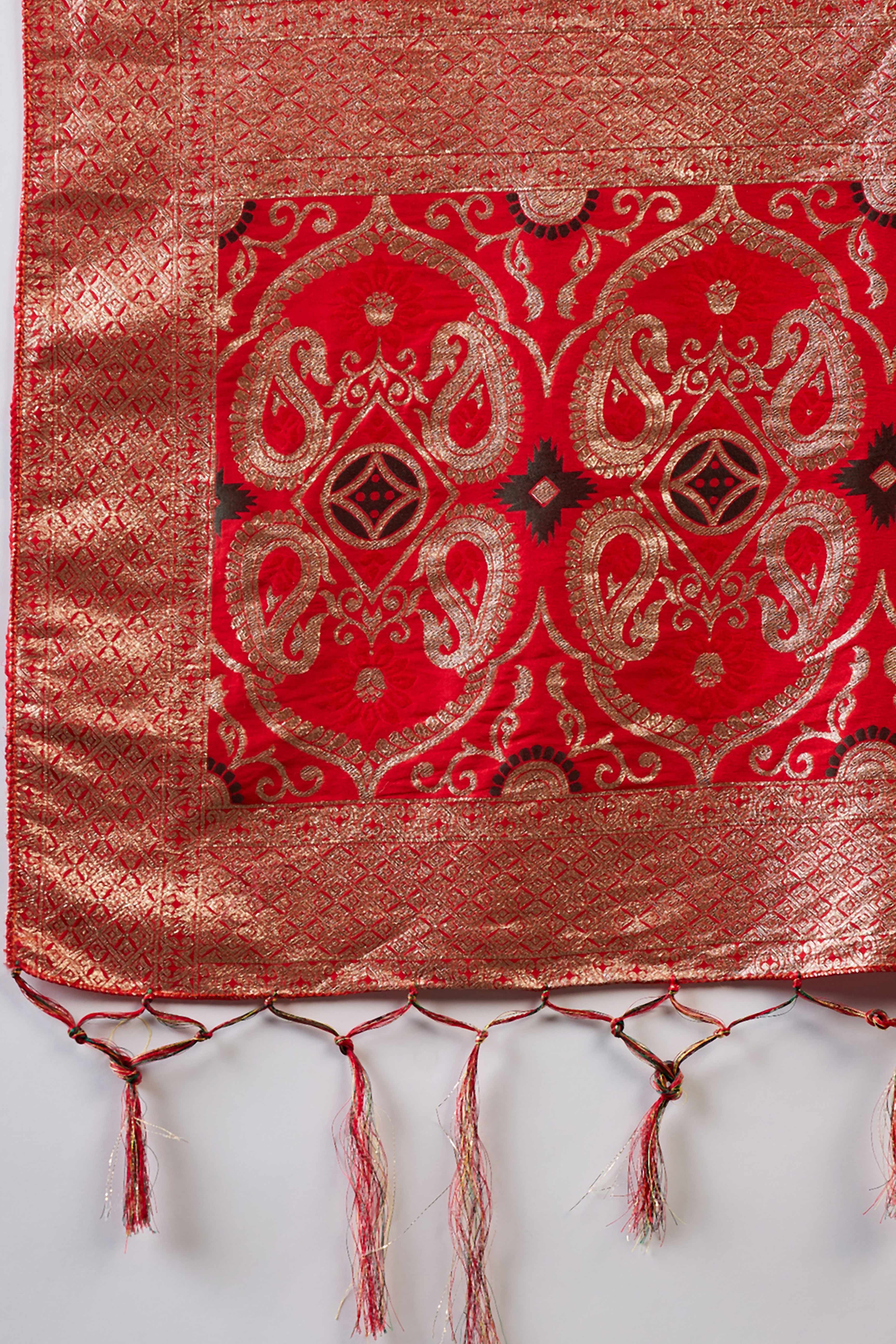 Red Zari Woven Staple Cotton Blend Saree With Floral Motifs & Tassel Detailed Pallu