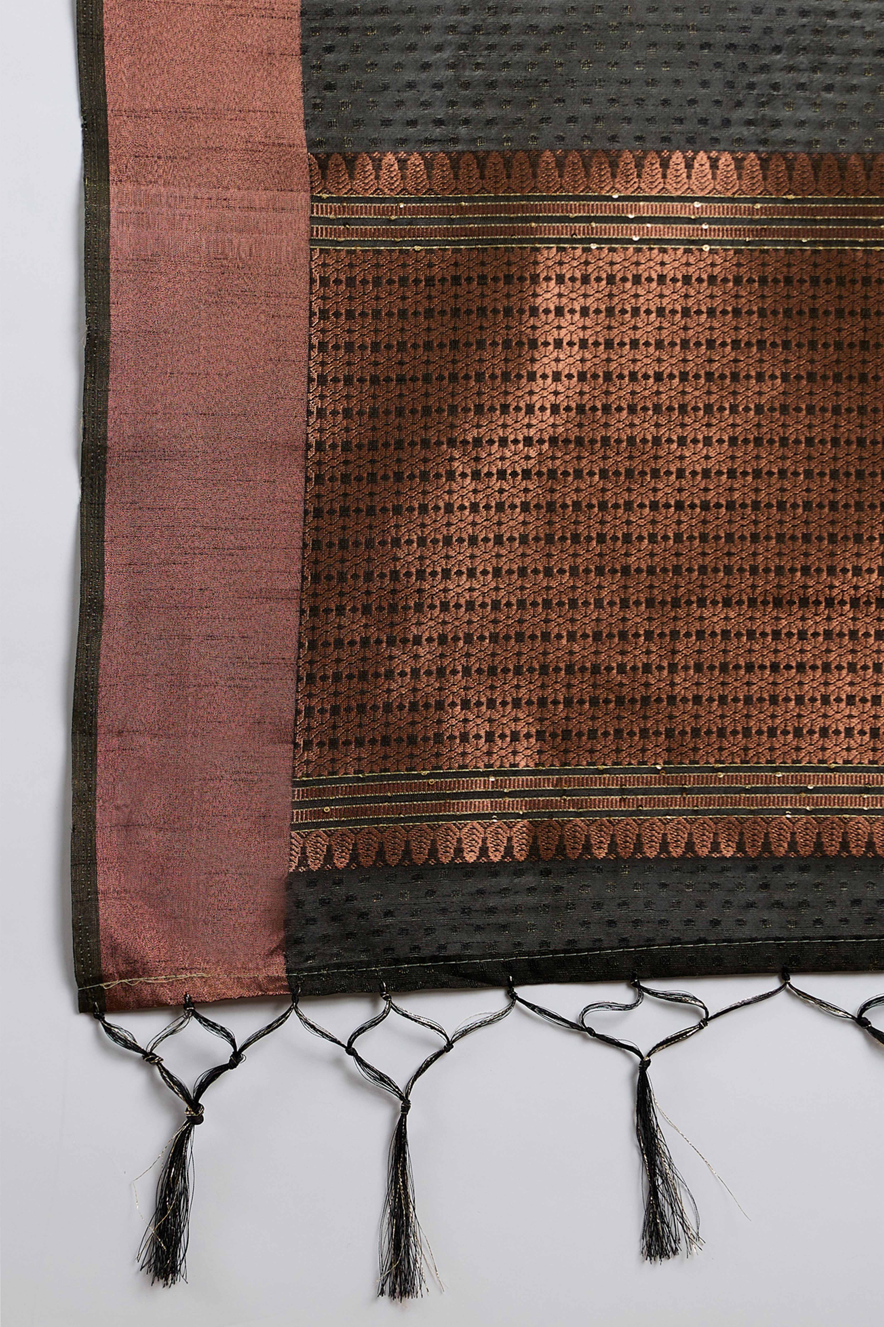 Black Khadi Organza Saree Intricate Weaving & Sparkling Sequins with Tassel Pallu