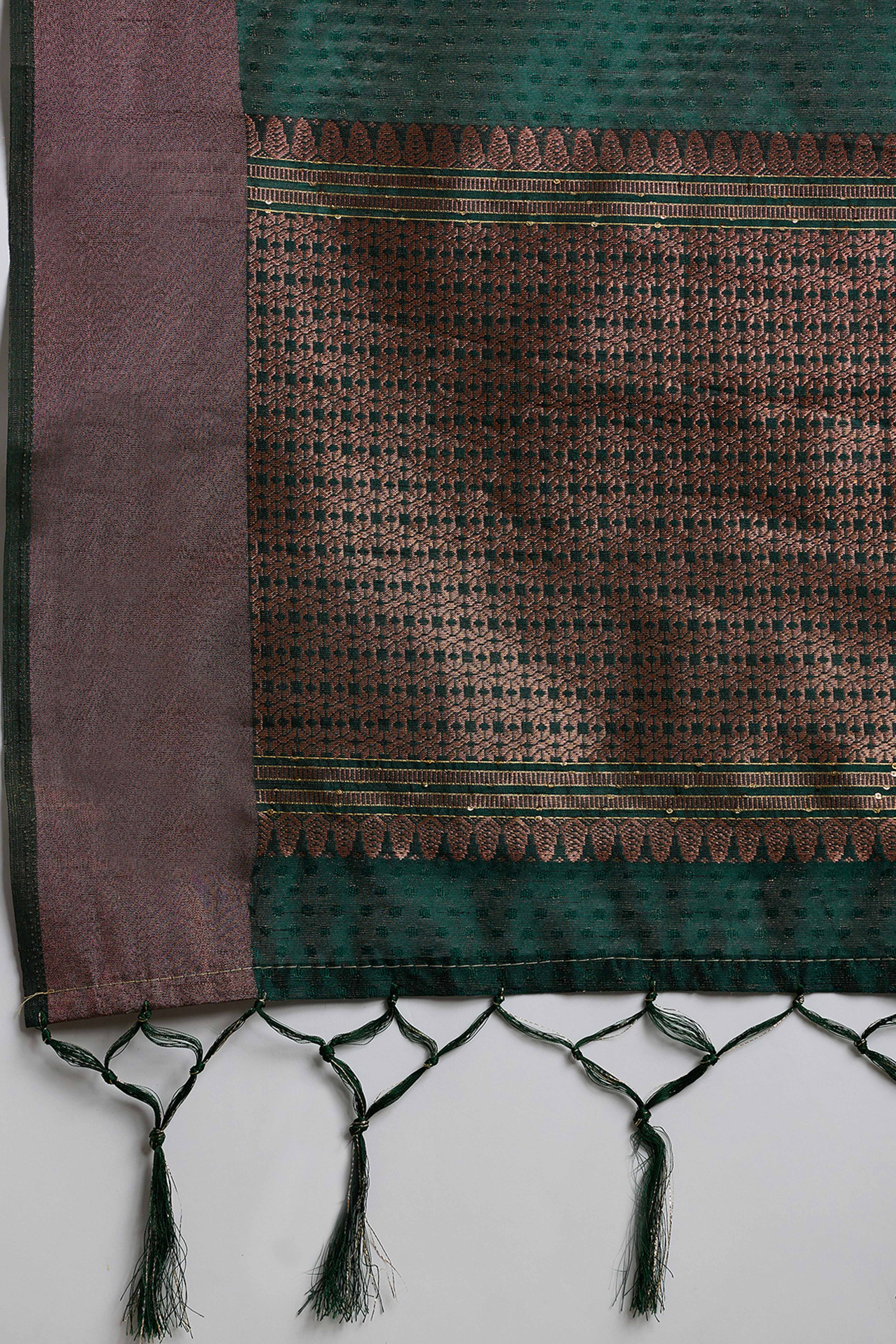 Green Khadi Organza Saree Intricate Weaving & Sparkling Sequins with Tassel Pallu