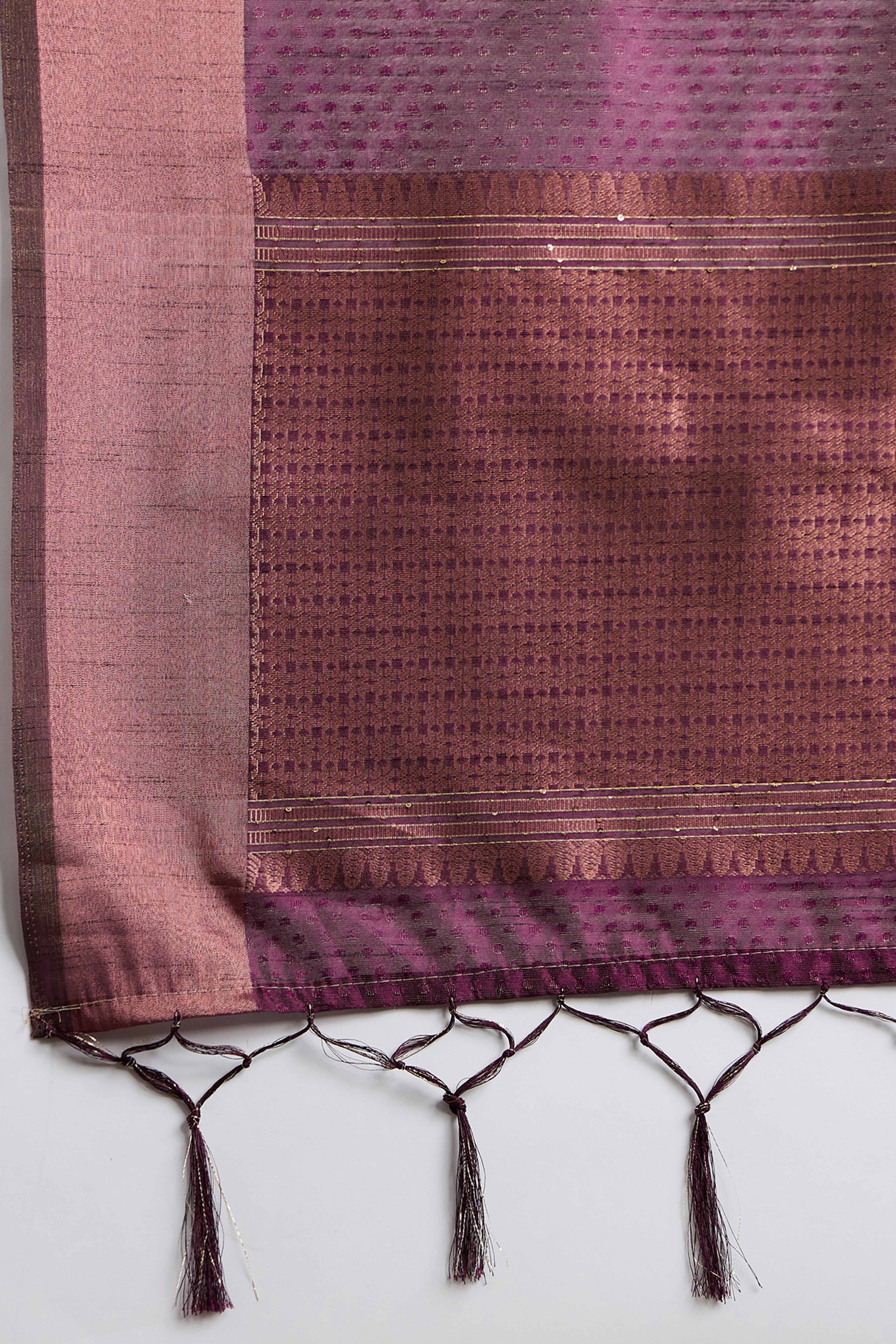 Wine Khadi Organza Saree Intricate Weaving & Sparkling Sequins with Tassel Pallu