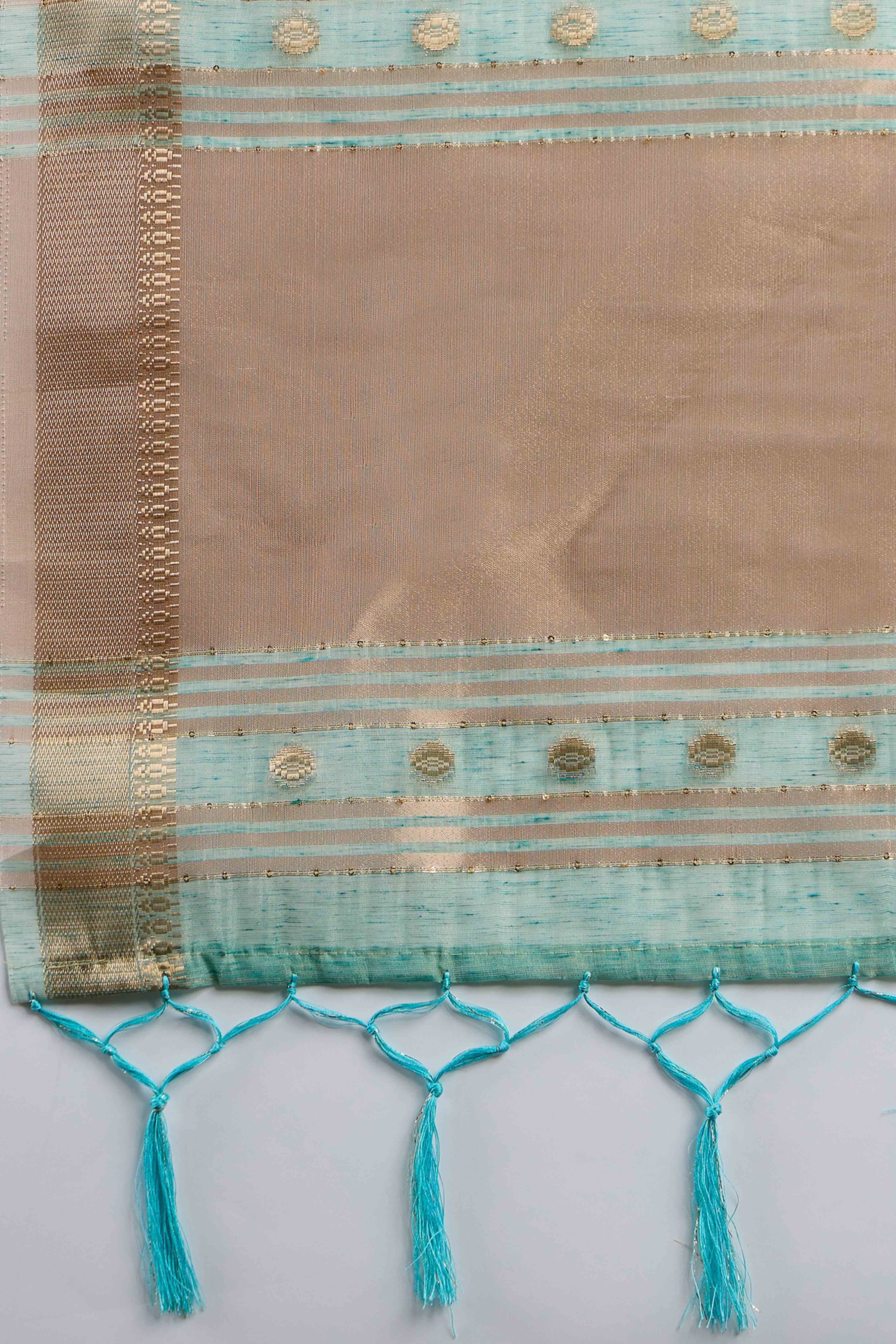 Blue Khadi Organza Saree Embellished With Traditional Zari Work & Tassels