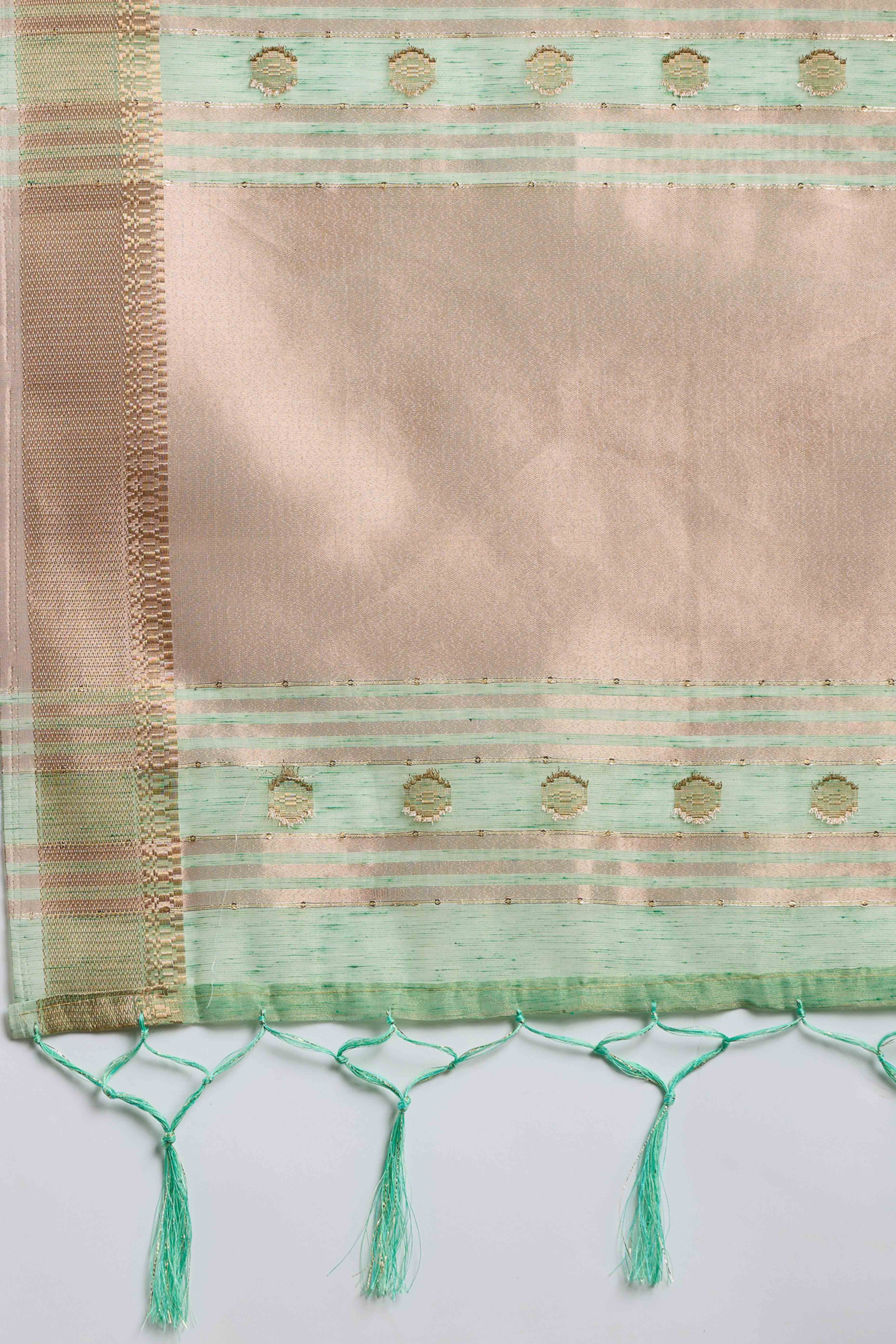 Green Khadi Organza Saree Embellished With Traditional Zari Work & Tassels