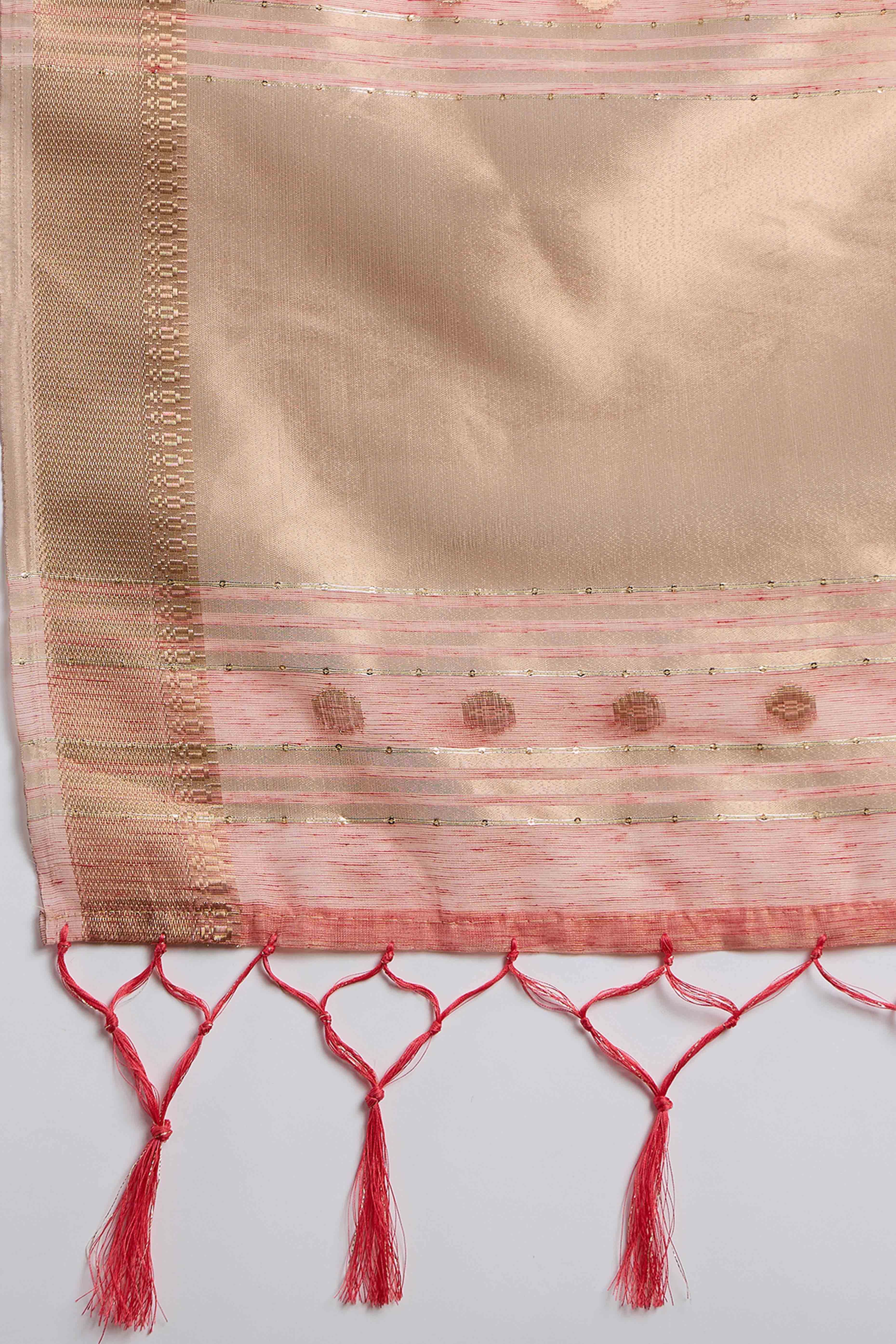 Peach Khadi Organza Saree Embellished With Traditional Zari Work & Tassels