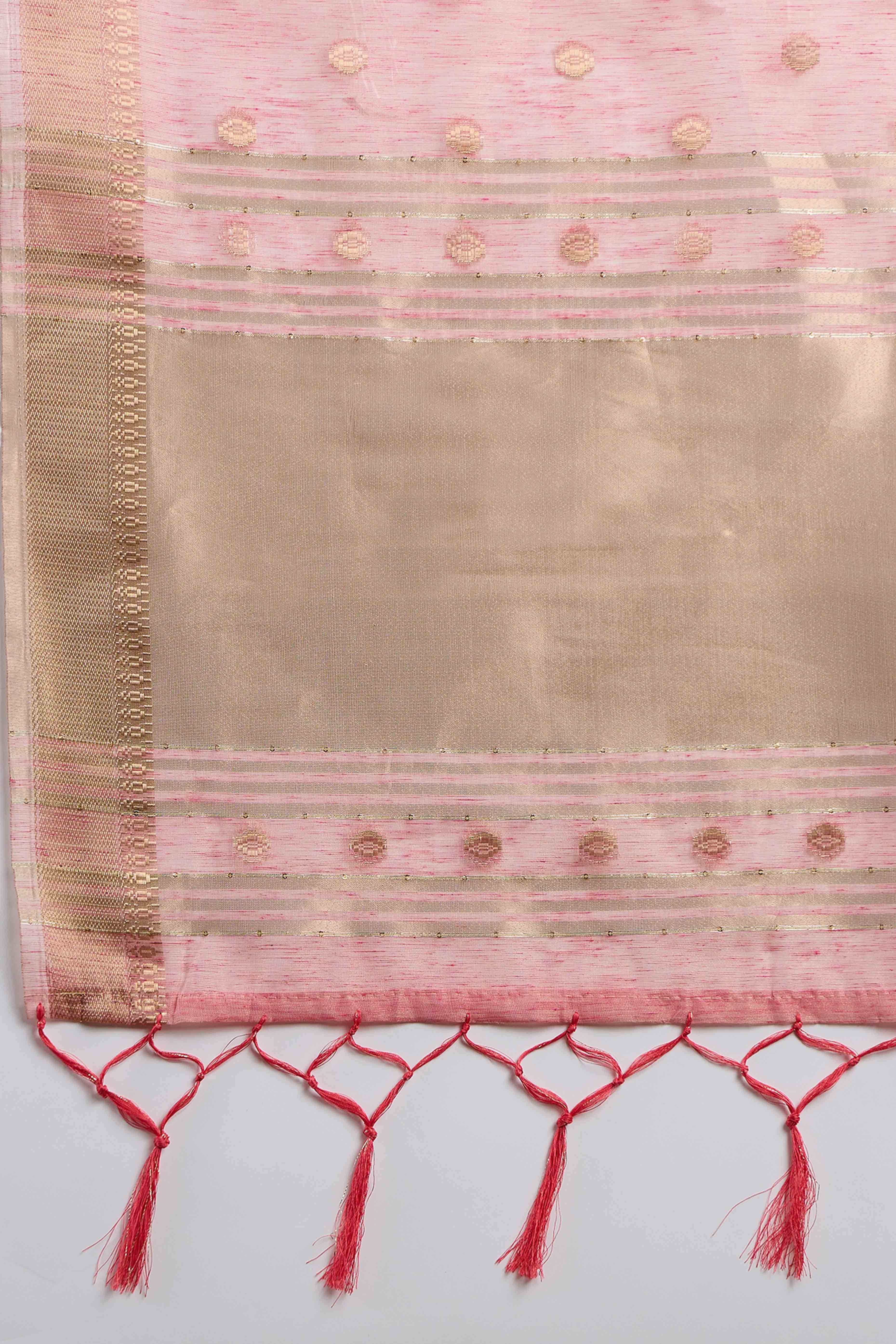 Pink Khadi Organza Saree Embellished With Traditional Zari Work & Tassels