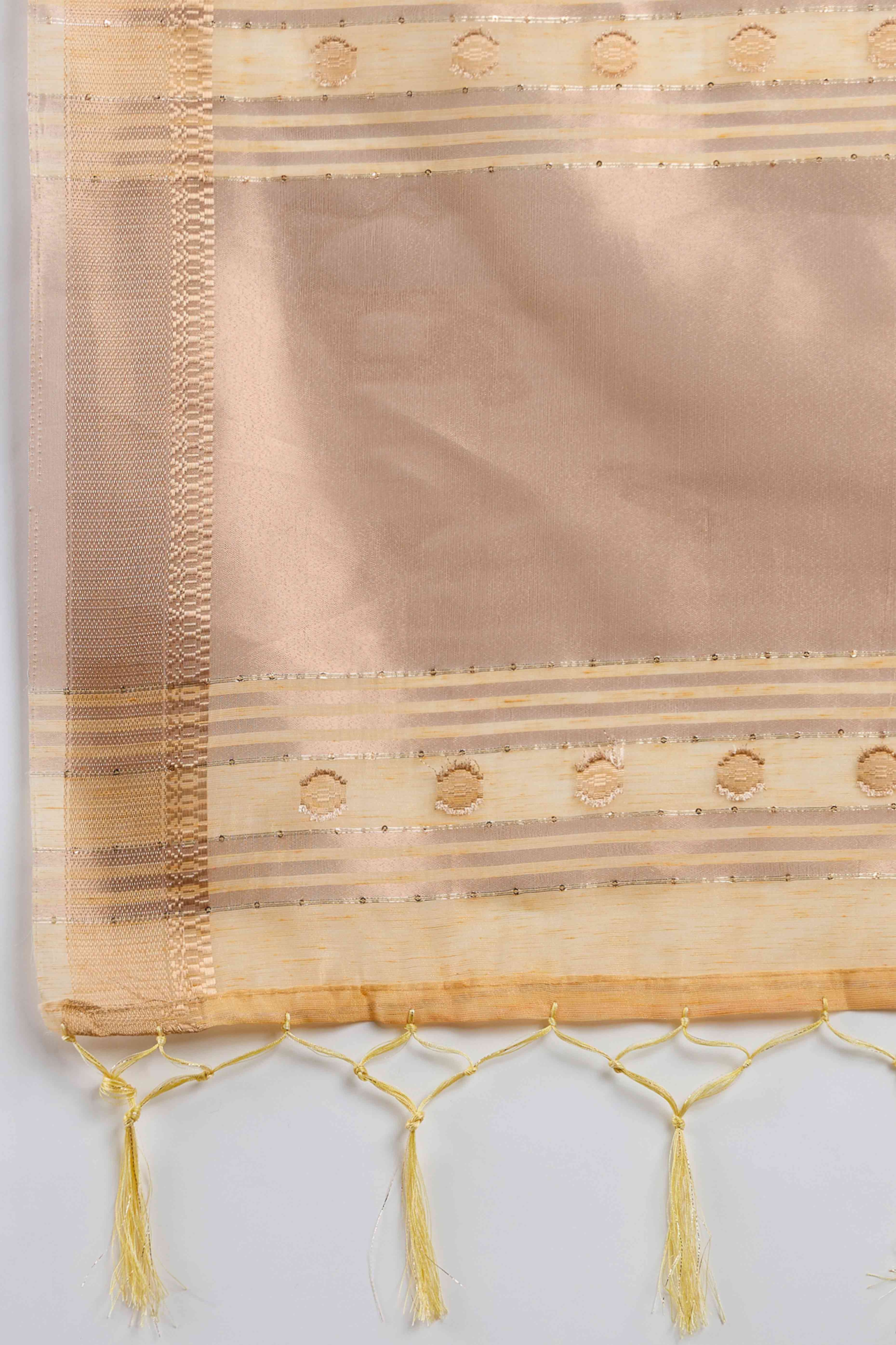 Yellow Khadi Organza Saree Embellished With Traditional Zari Work & Tassels