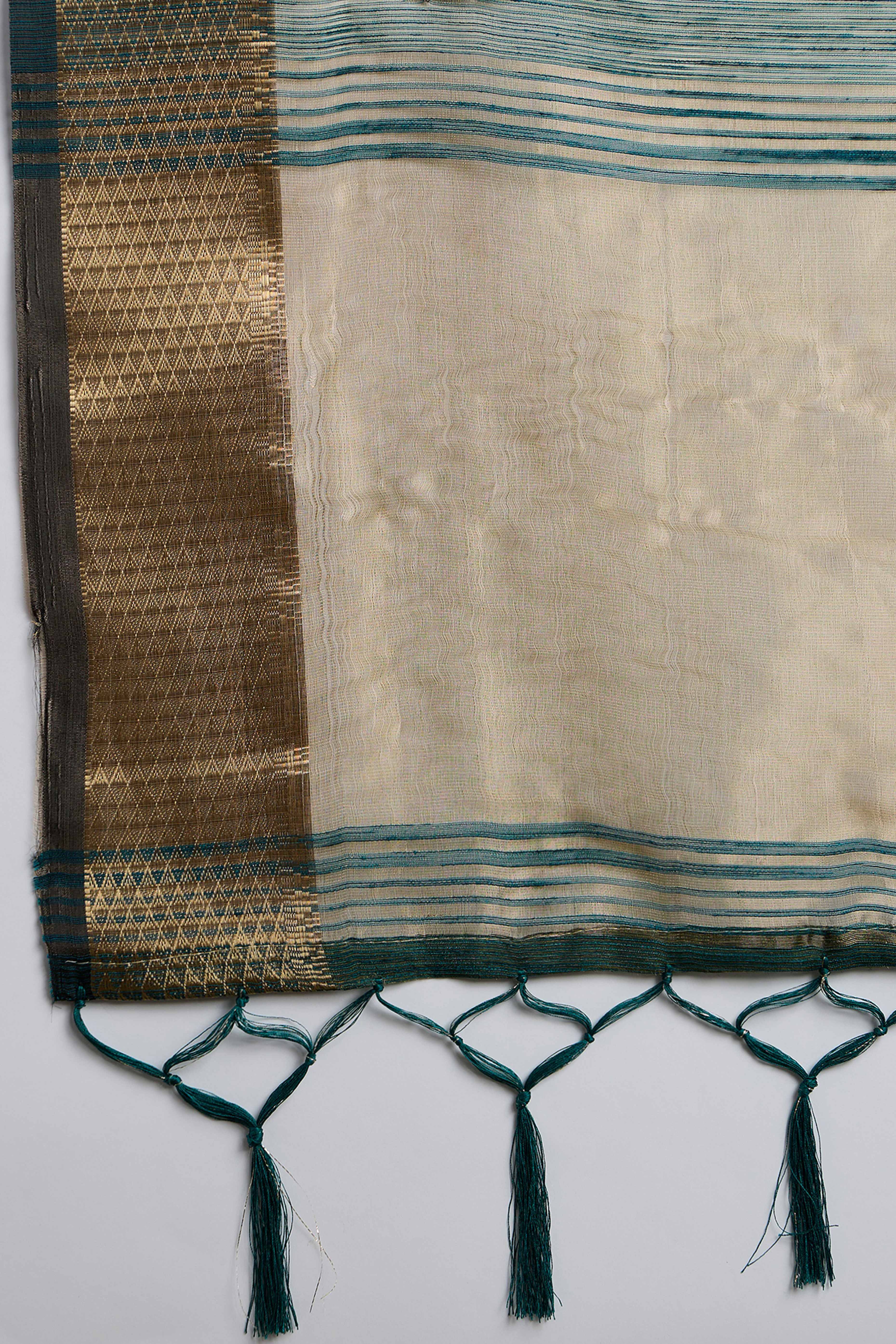 Green Khadi Organza Saree Adorned With Elegant Embroidery & Tassel Pallu