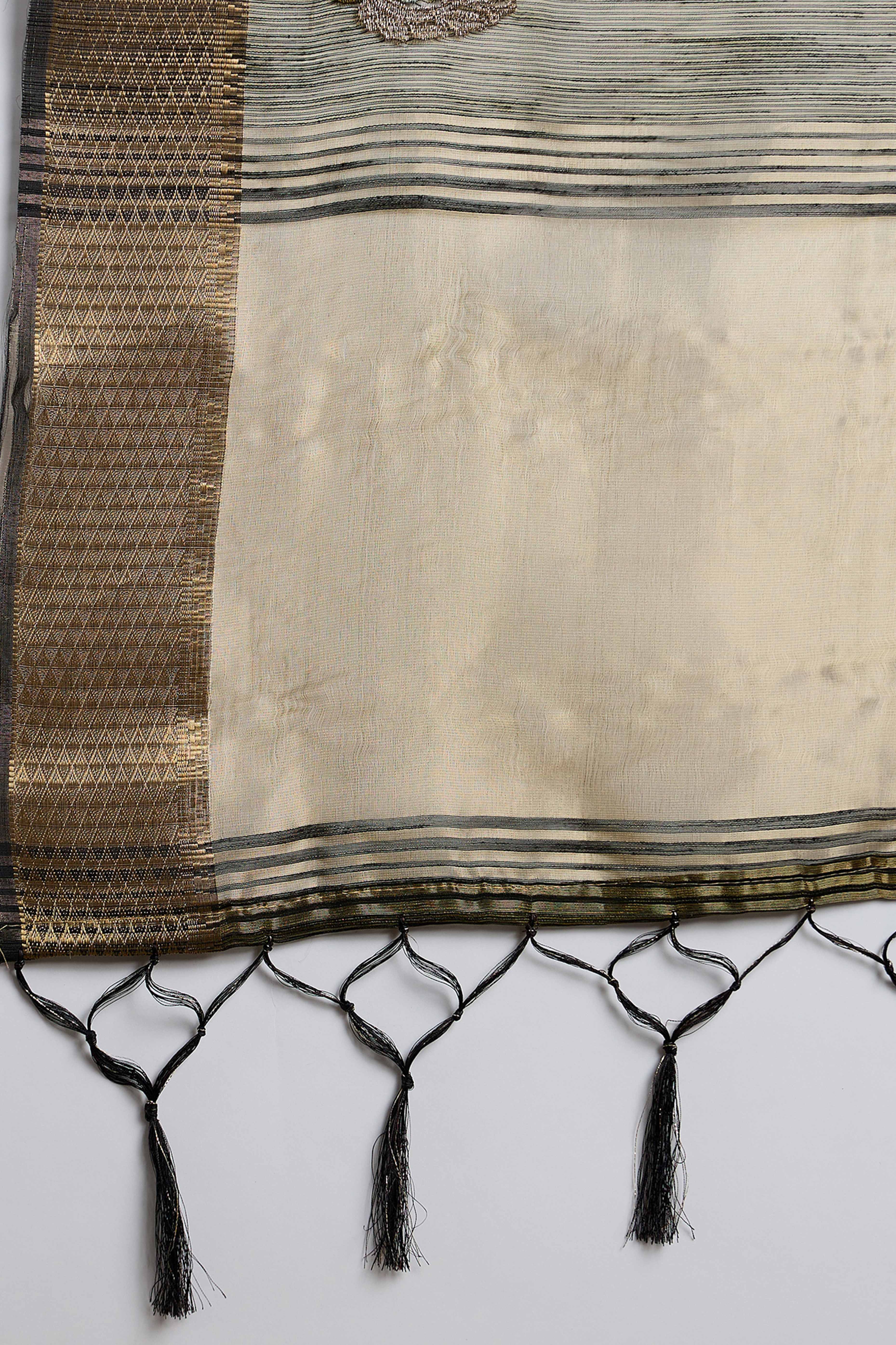 Mehendi Green Khadi Organza Saree Adorned With Elegant Embroidery & Tassel Pallu