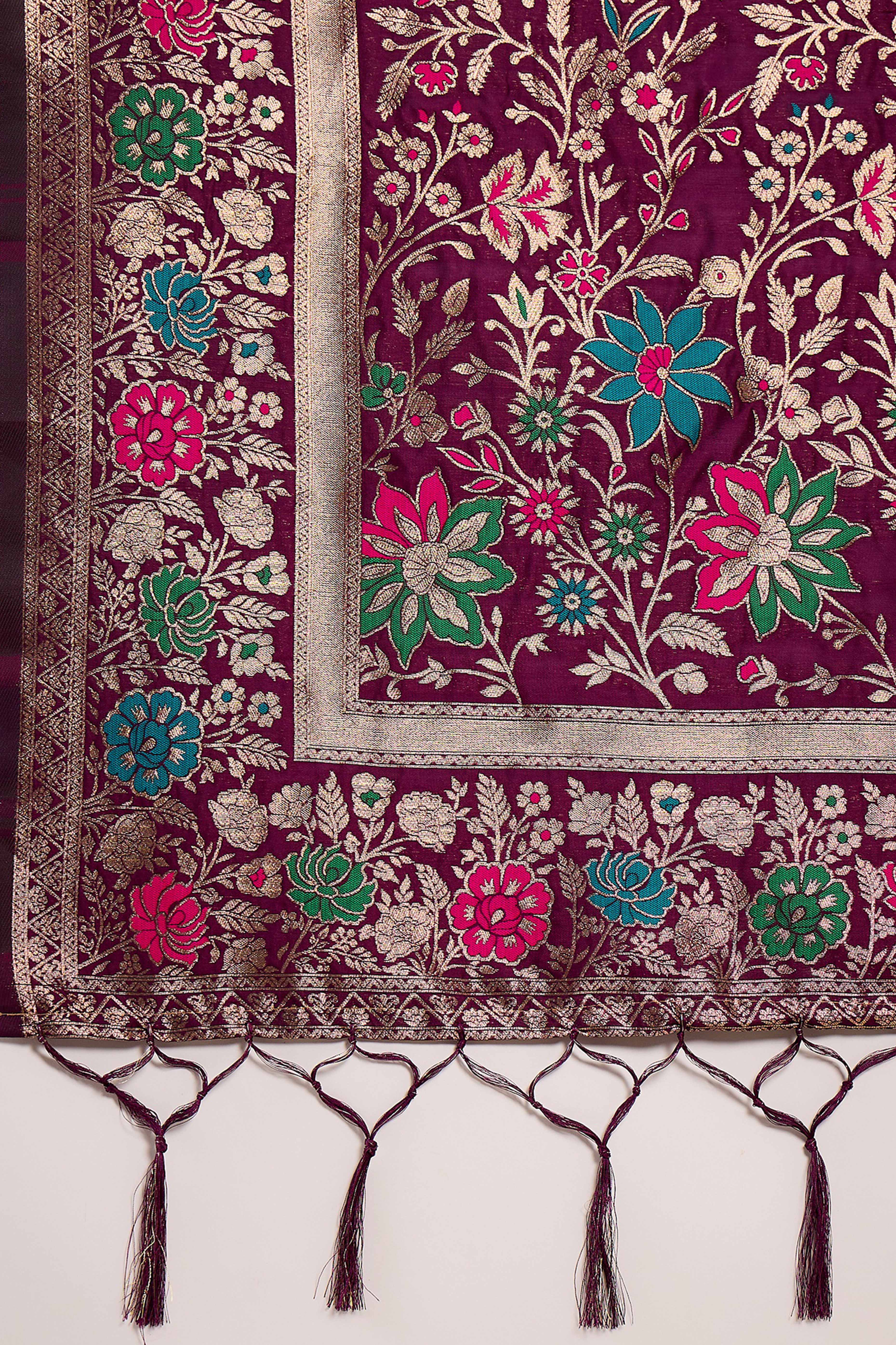 Purple Saree In Poly Silk Blend Featuring Floral Zari Weaving & Tassel Accents