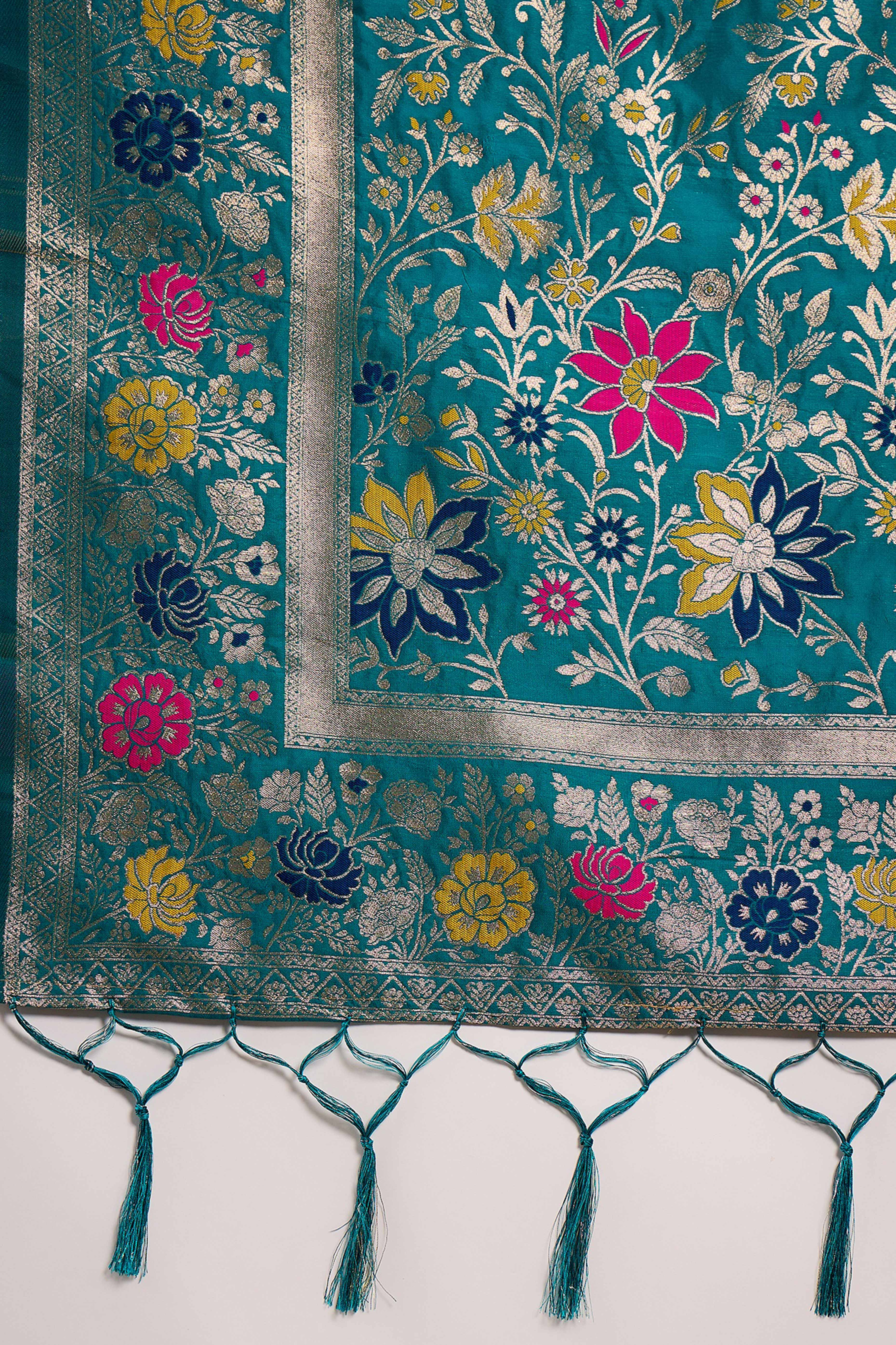 Rama Blue Saree In Poly Silk Blend Featuring Floral Zari Weaving & Tassel Accents