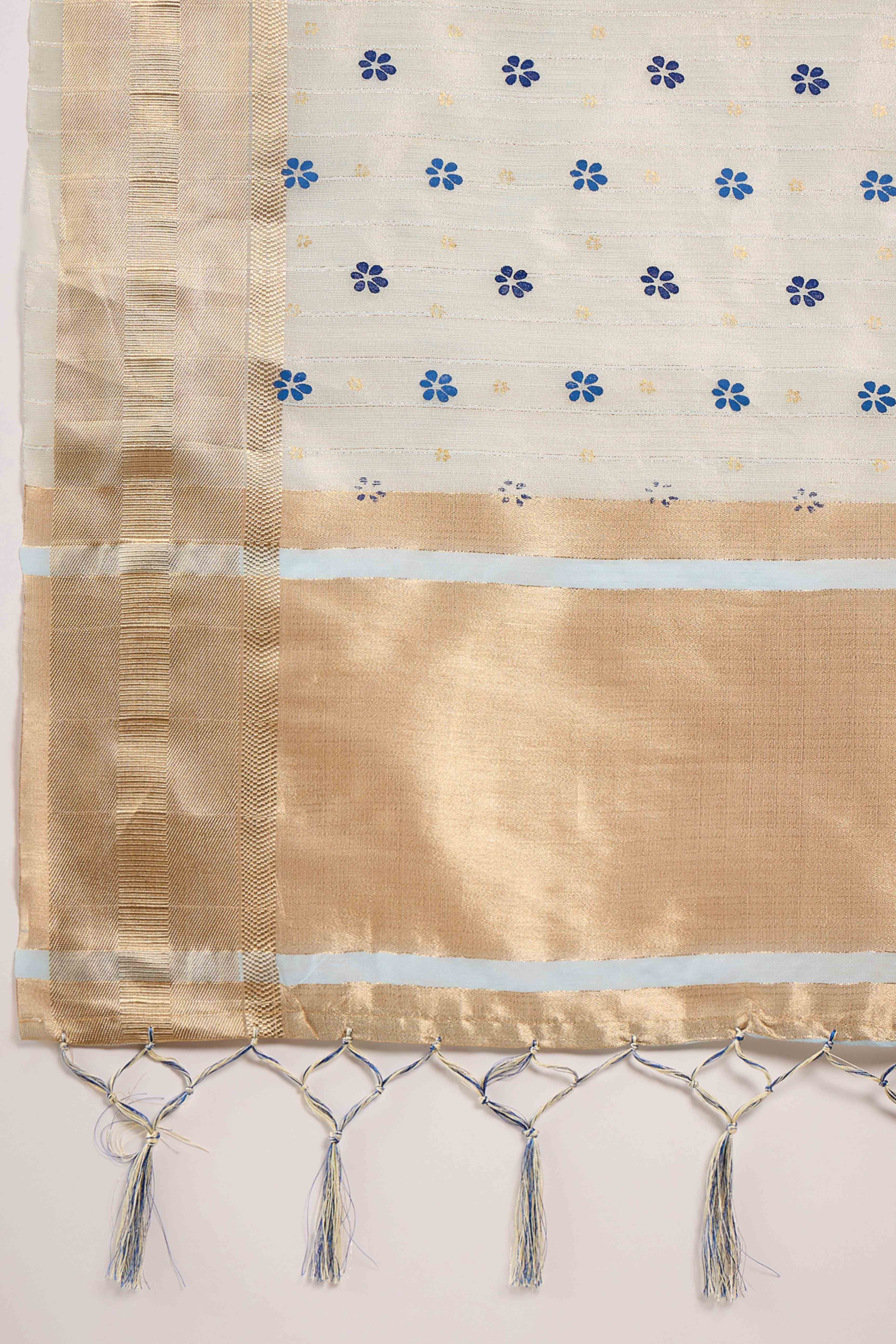 Blue Saree In Khadi Organza Featuring Floral Prints & Intricate Weaving